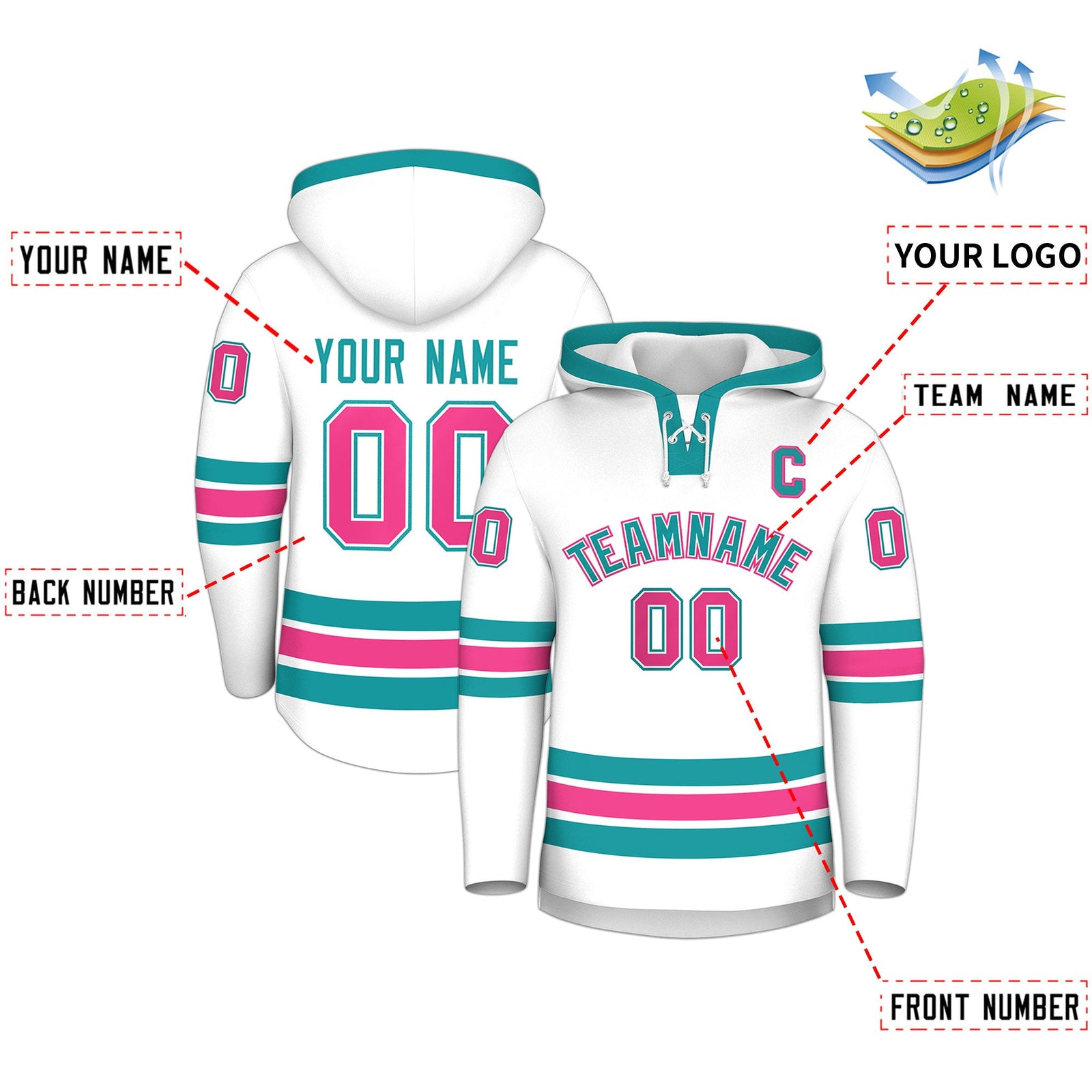Custom Hockey Hoodie Jersey White Aqua Classic Style for Men&Youth