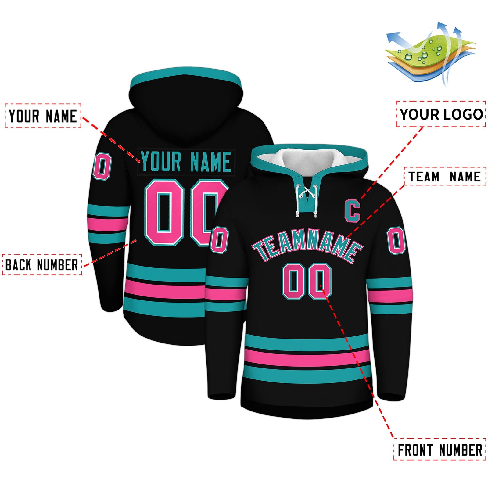 Custom Hockey Hoodie Jersey Black Aqua Classic Style Add Name,Number & Logo