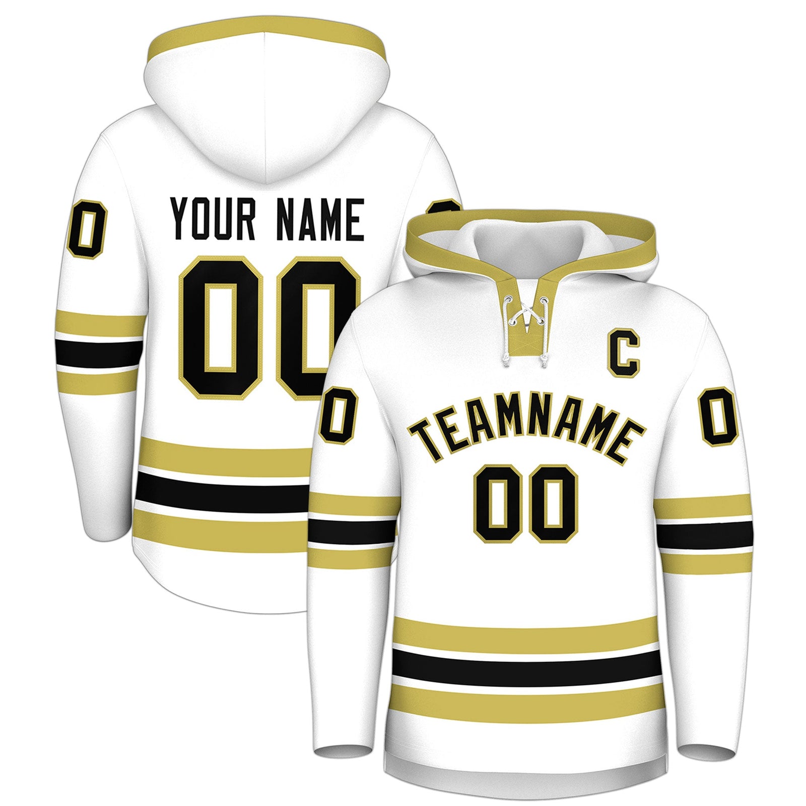 Custom Hockey Hoodie Jersey White Old Gold Classic Style Add Name,Number & Logo