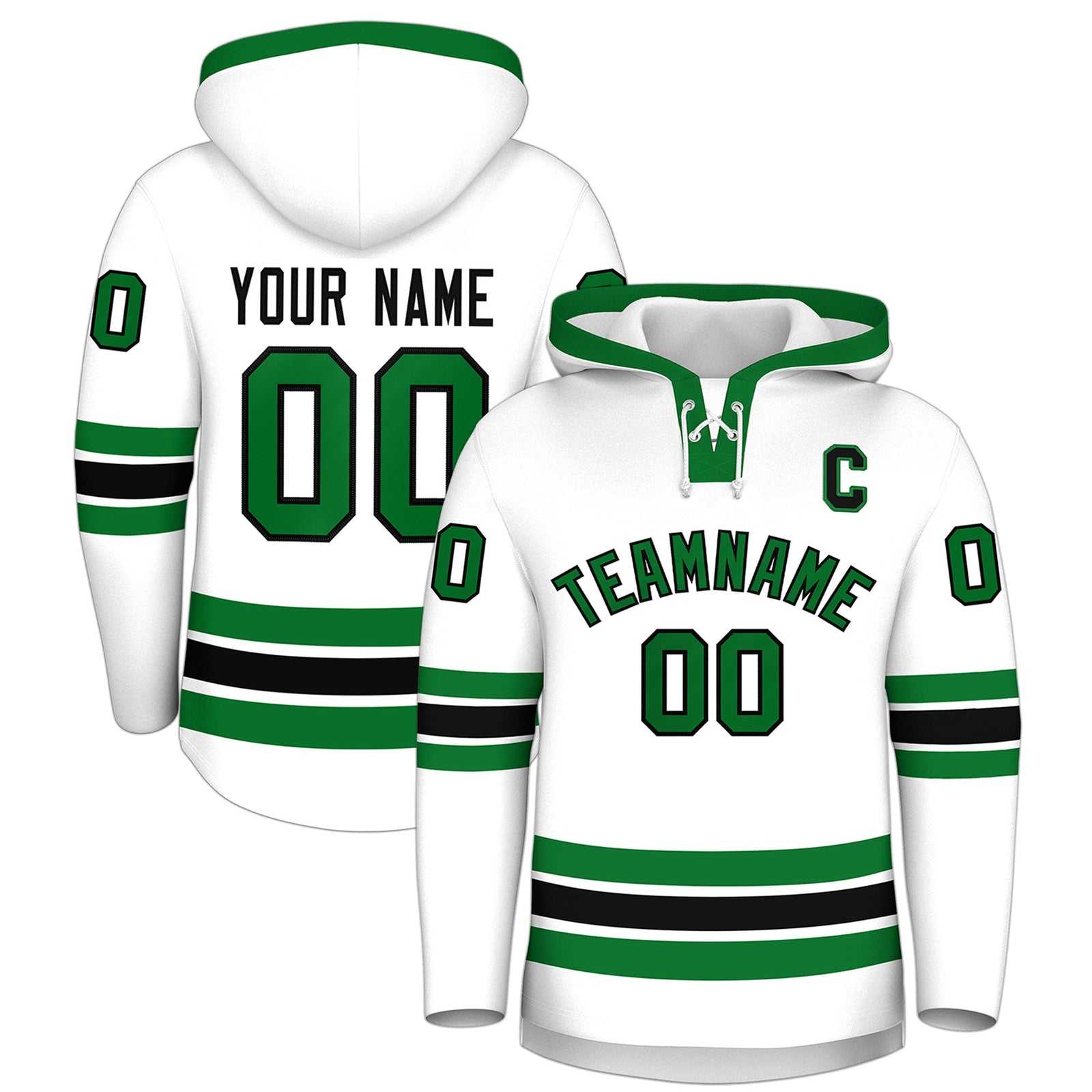 Custom Hockey Hoodie Jersey White Kelly Green Classic Style Add Name,Number & Logo