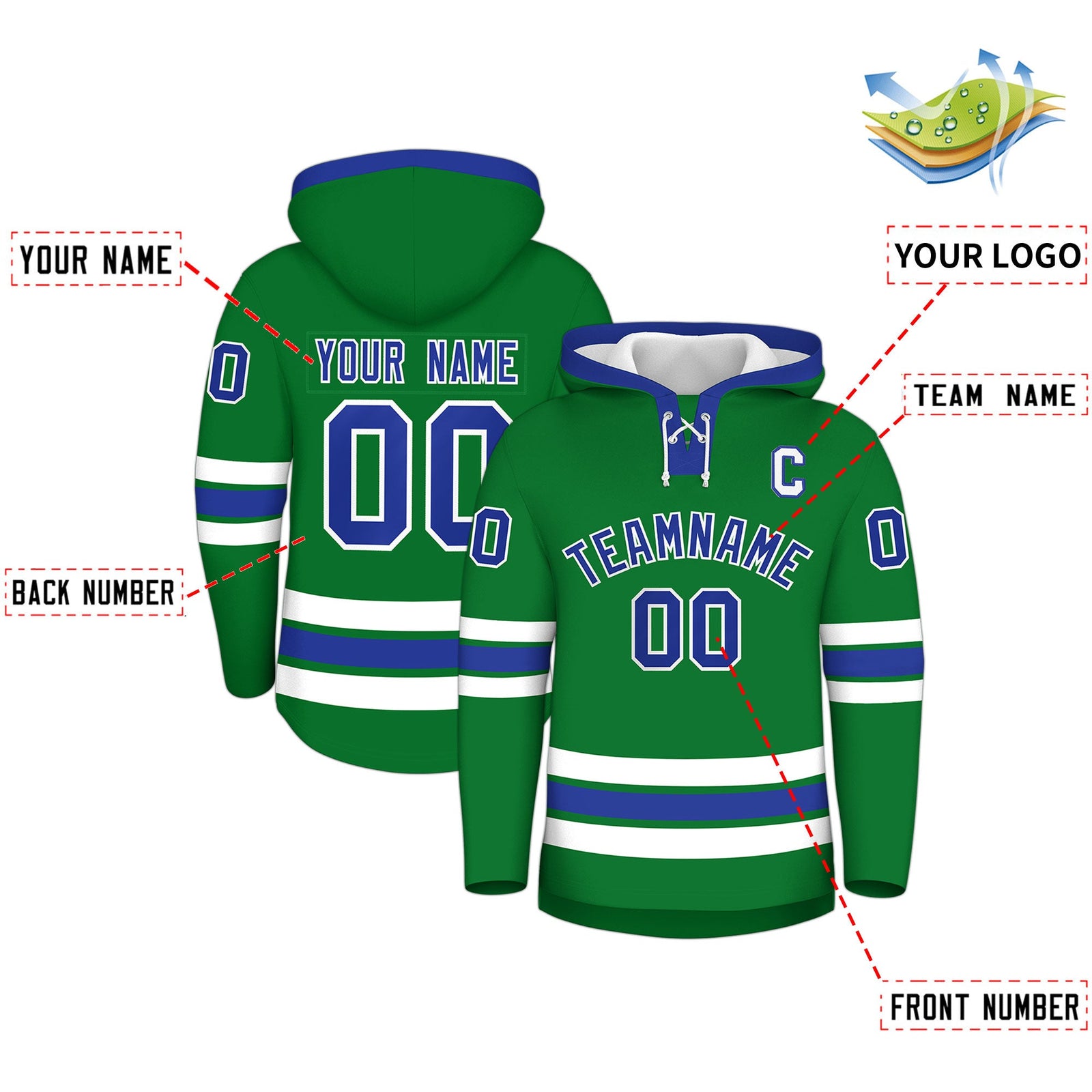 Custom Hockey Hoodie Jersey Kelly Green Royal Blue Classic Style Add Name,Number & Logo