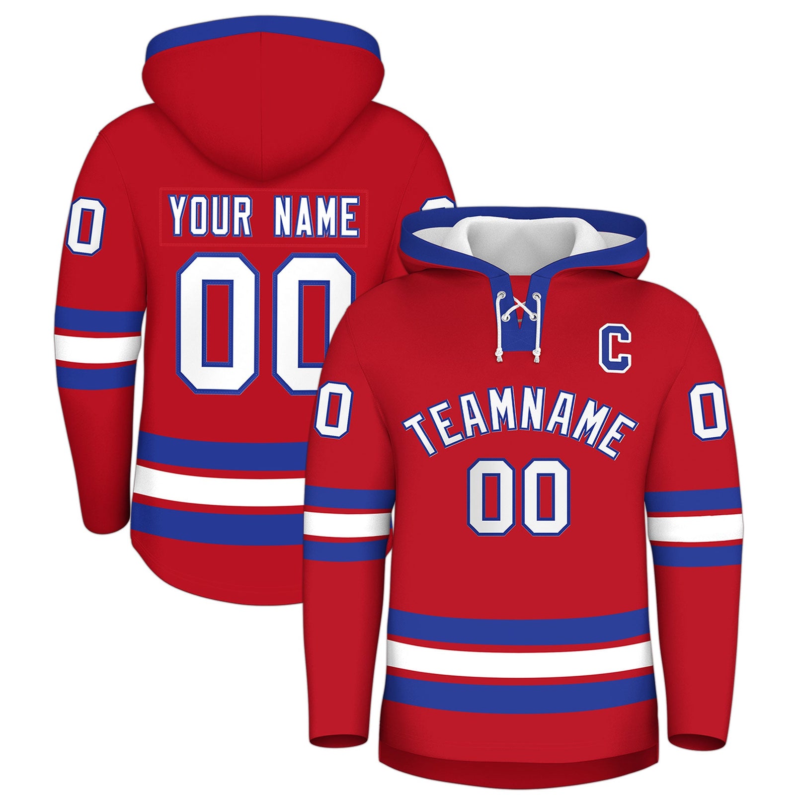 Custom Hockey Hoodie Jersey Red Royal Blue Classic Style Add Name,Number & Logo