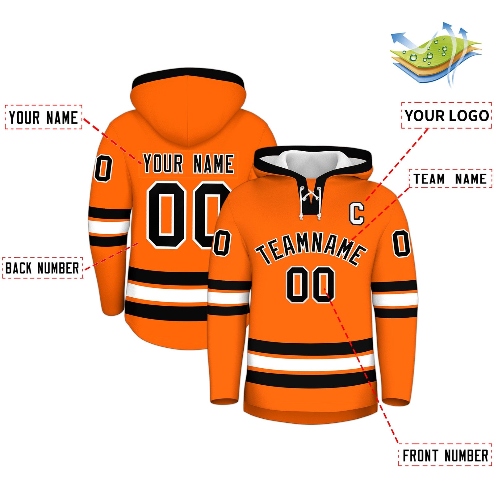 Custom Hockey Hoodie Jersey Orange Black Classic Style for Men&Youth