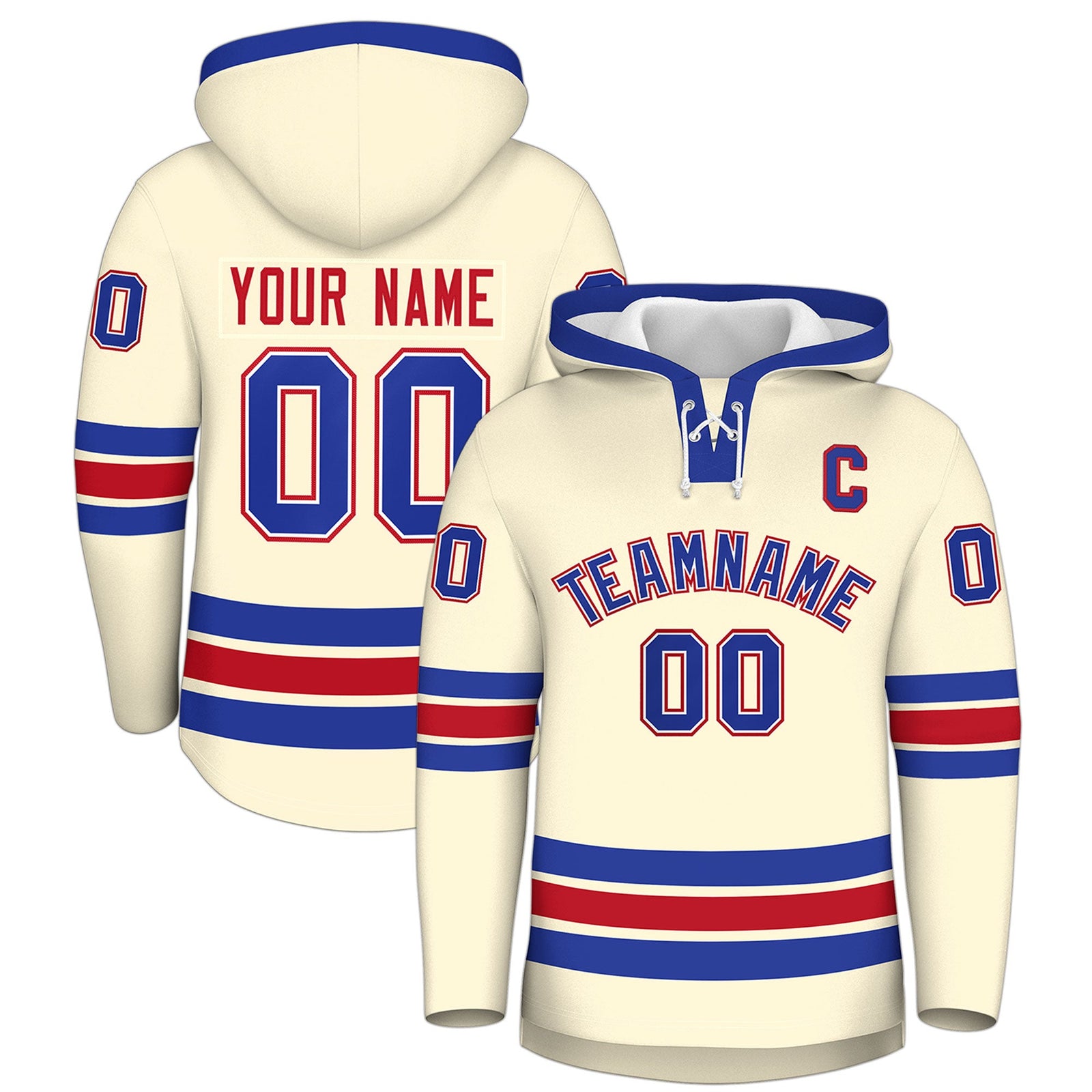 Custom Hockey Hoodie Jersey Cream Royal Blue Classic Style Add Name,Number & Logo
