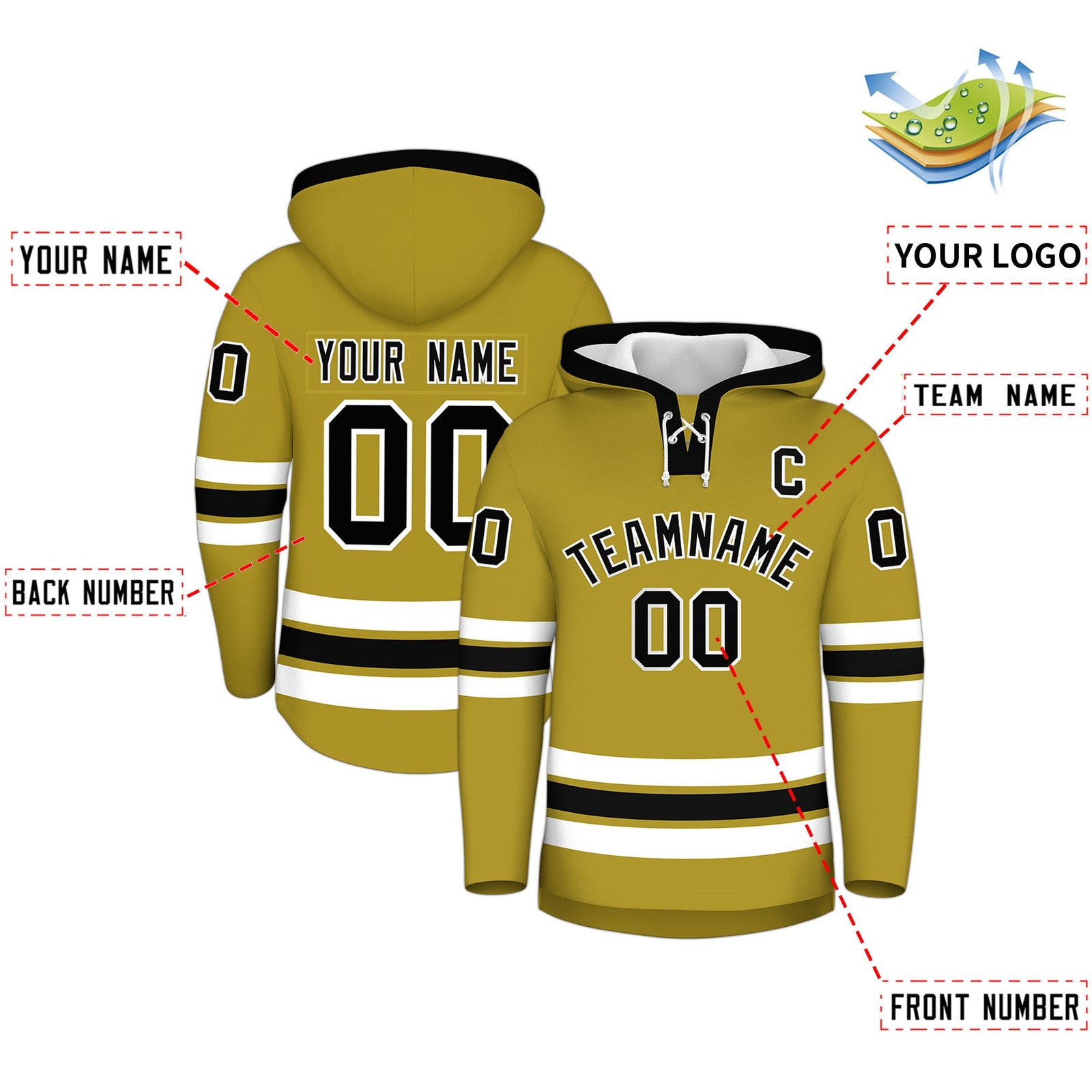 Custom Hockey Hoodie Jersey Old Gold Black Classic Style for Men&Youth