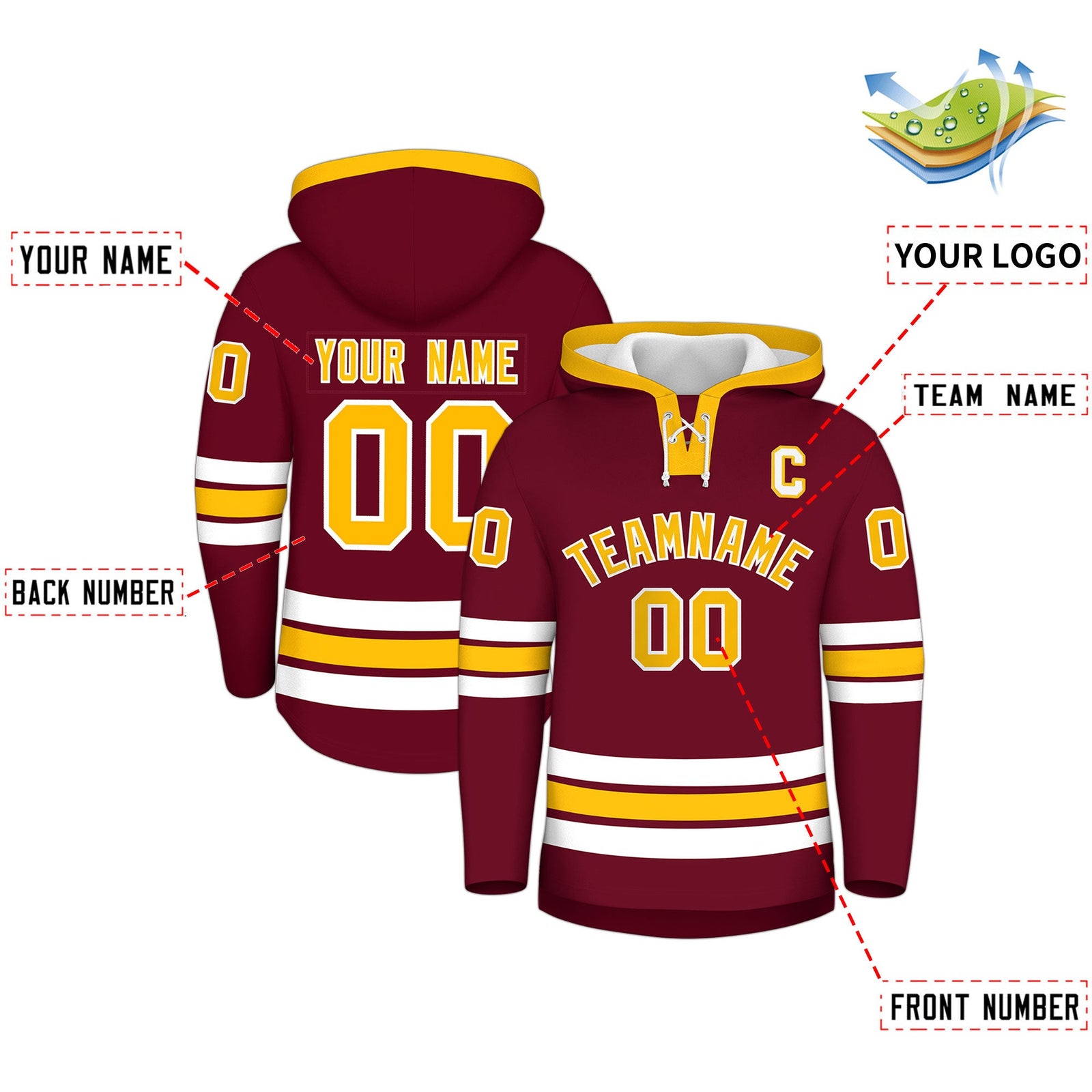 Custom Hockey Hoodie Jersey Crimson Gold Classic Style Add Name,Number & Logo