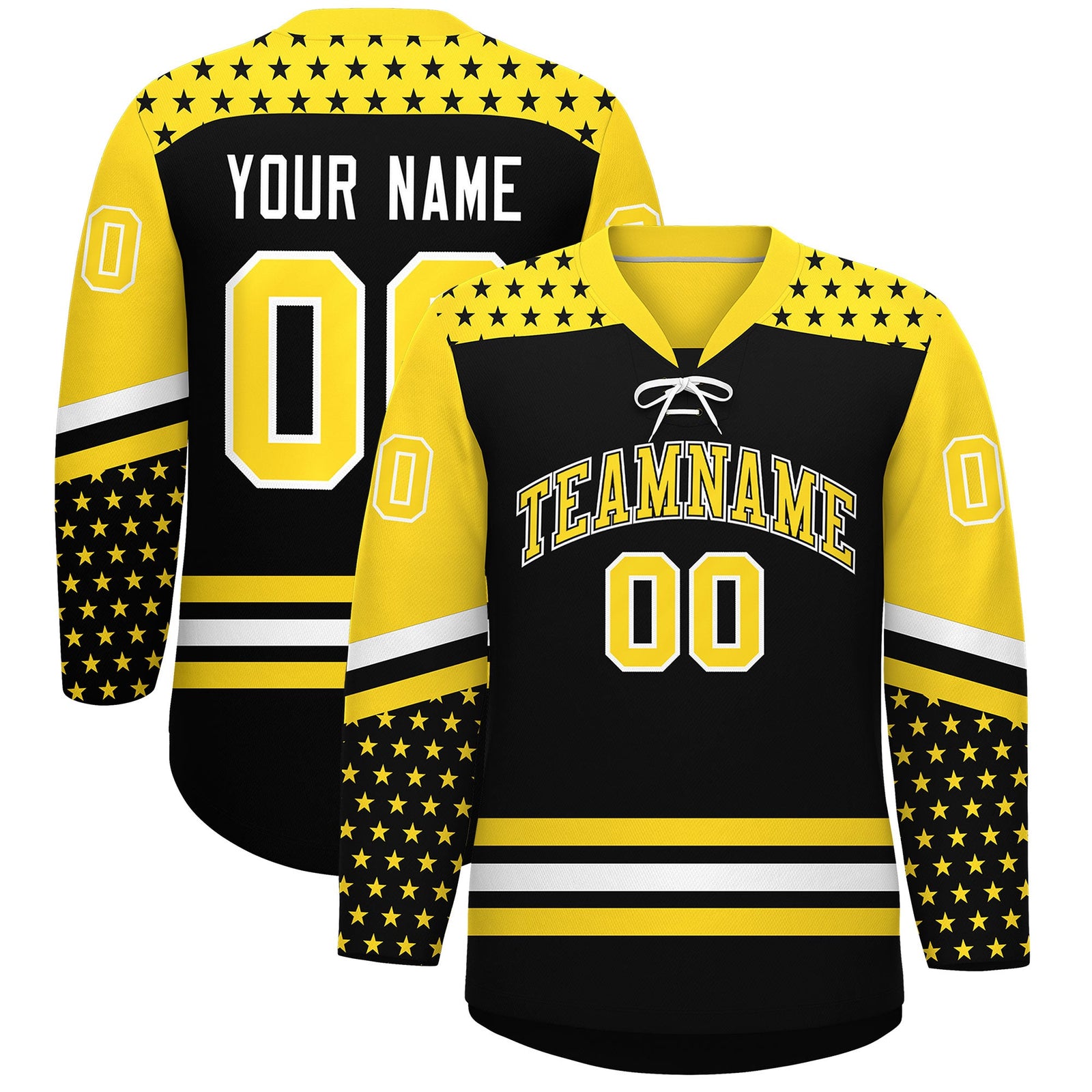 Custom Black Gold White Star Series Personalization Lace-Up Neck Hockey Jersey| KXKSHOP
