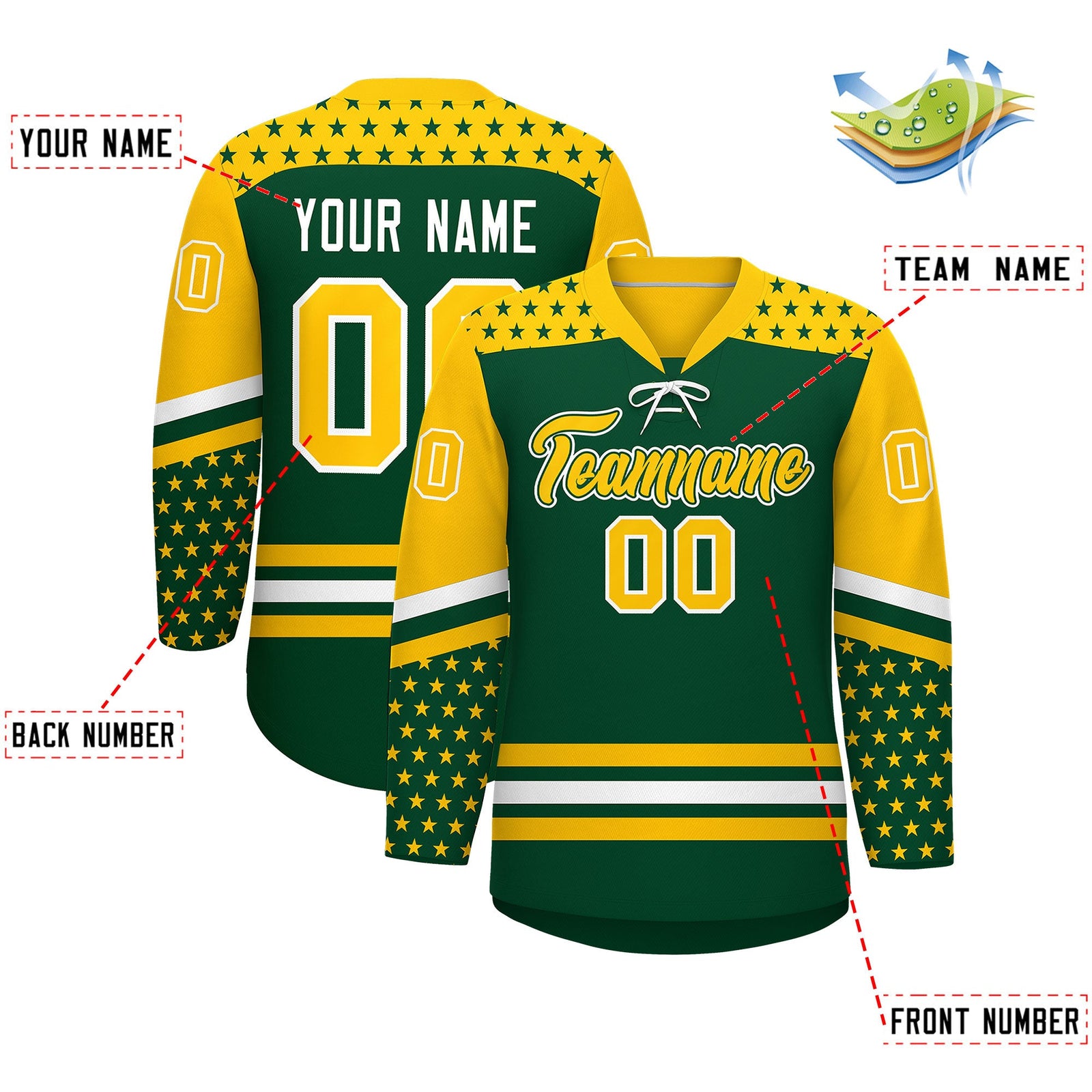 Custom Green Gold White Star Series Personalization Lace-Up Neck Hockey Jersey| KXKSHOP