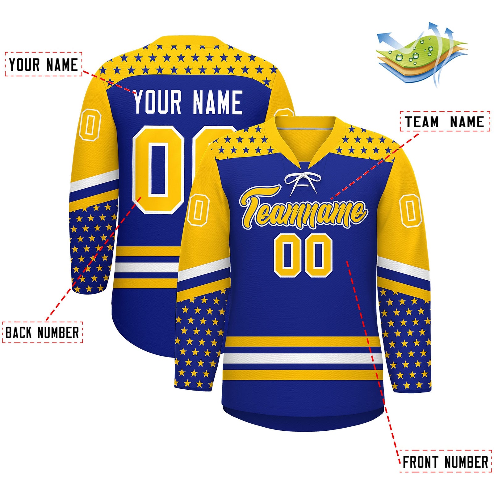 Custom Royal Blue Gold White Star Series Personalization Lace-Up Neck Hockey Jersey| KXKSHOP