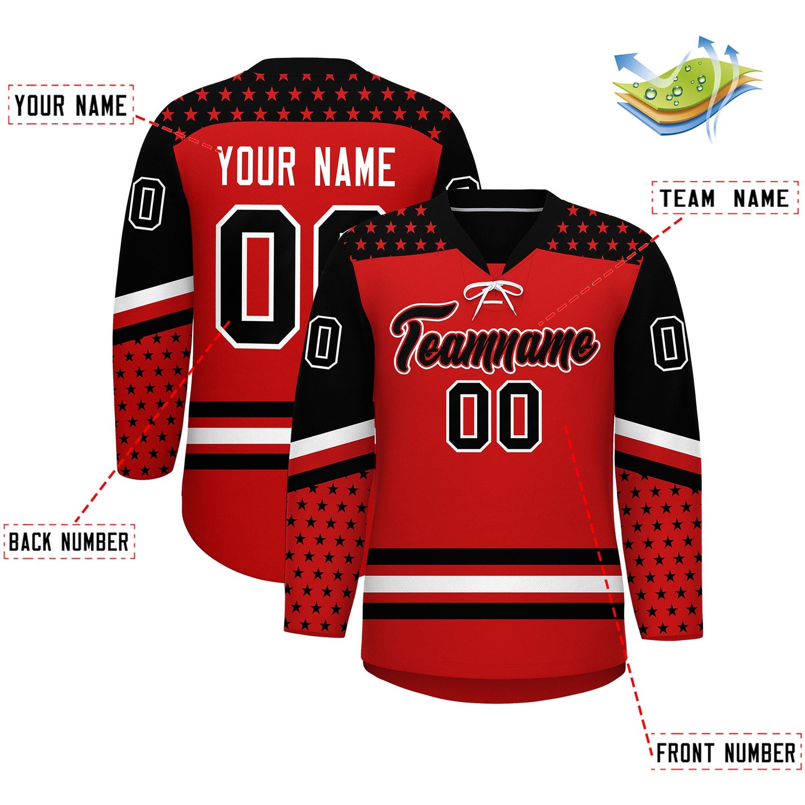 Custom Red Black White Star Series Personalization Lace-Up Neck Hockey Jersey| KXKSHOP