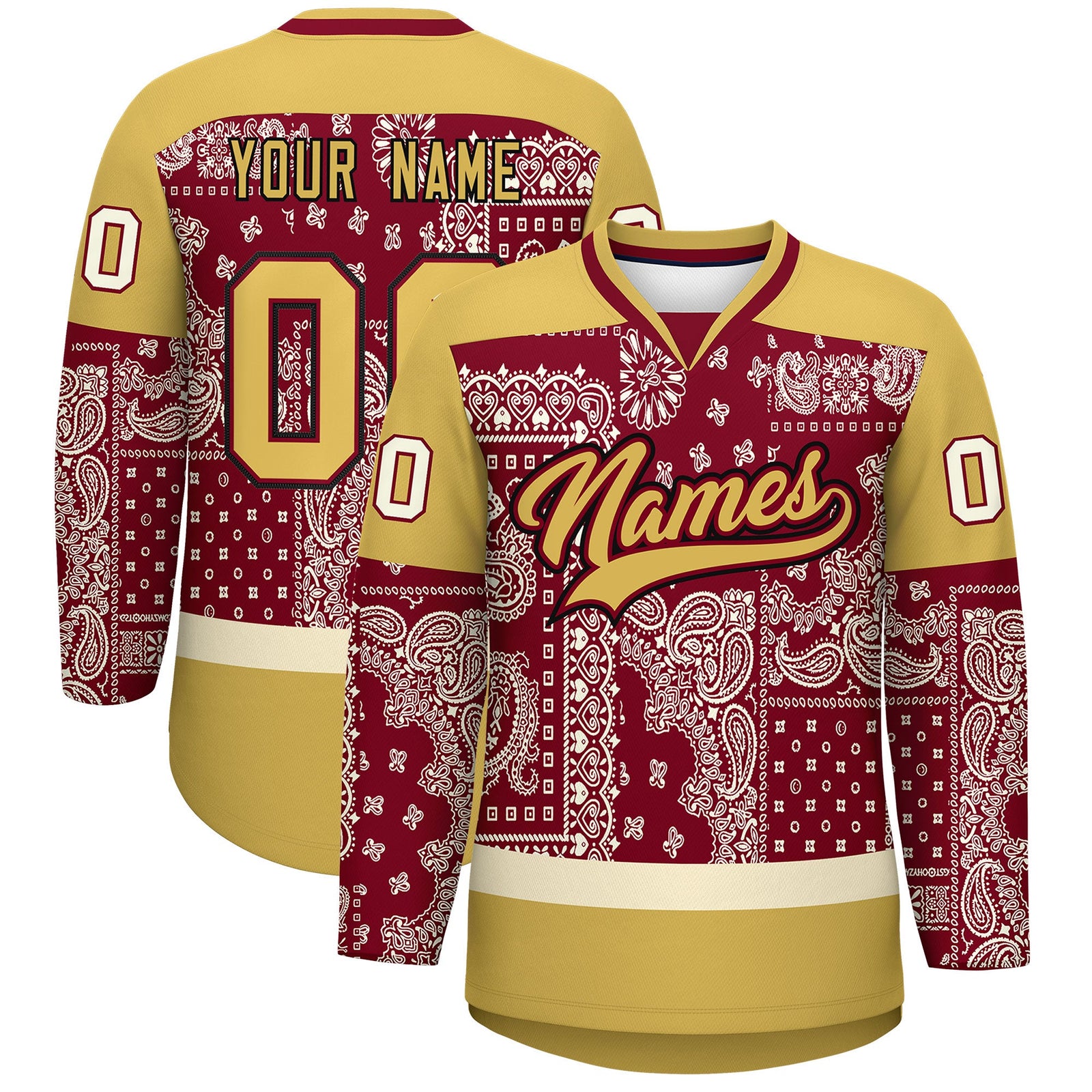Custom Old Gold Crimson Cream Cashew Flower Graffiti Pattern V-Neck Hockey Jersey| KXKSHOP