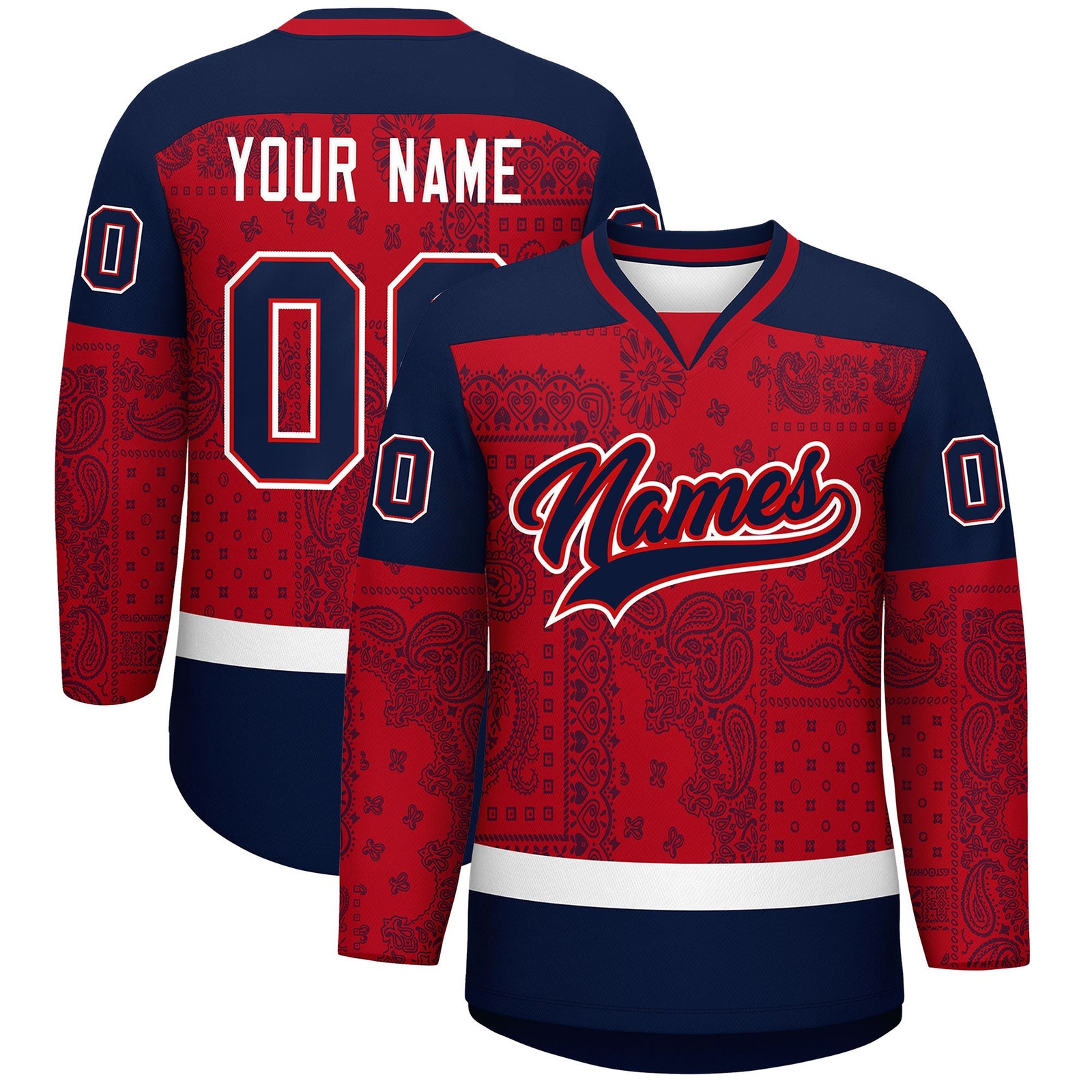 Custom Navy Red White Cashew Flower Graffiti Pattern V-Neck Hockey Jersey| KXKSHOP