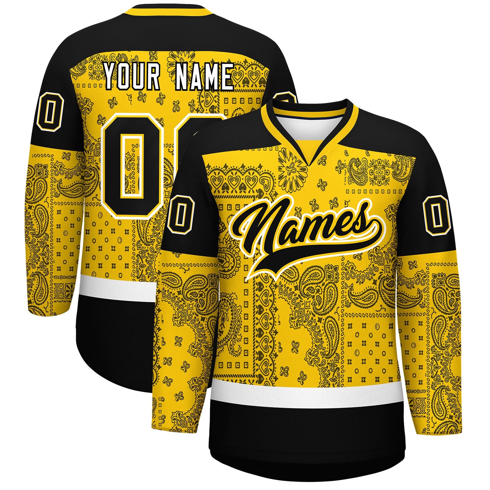 Custom Black Gold White Cashew Flower Graffiti Pattern V-Neck Hockey Jersey| KXKSHOP