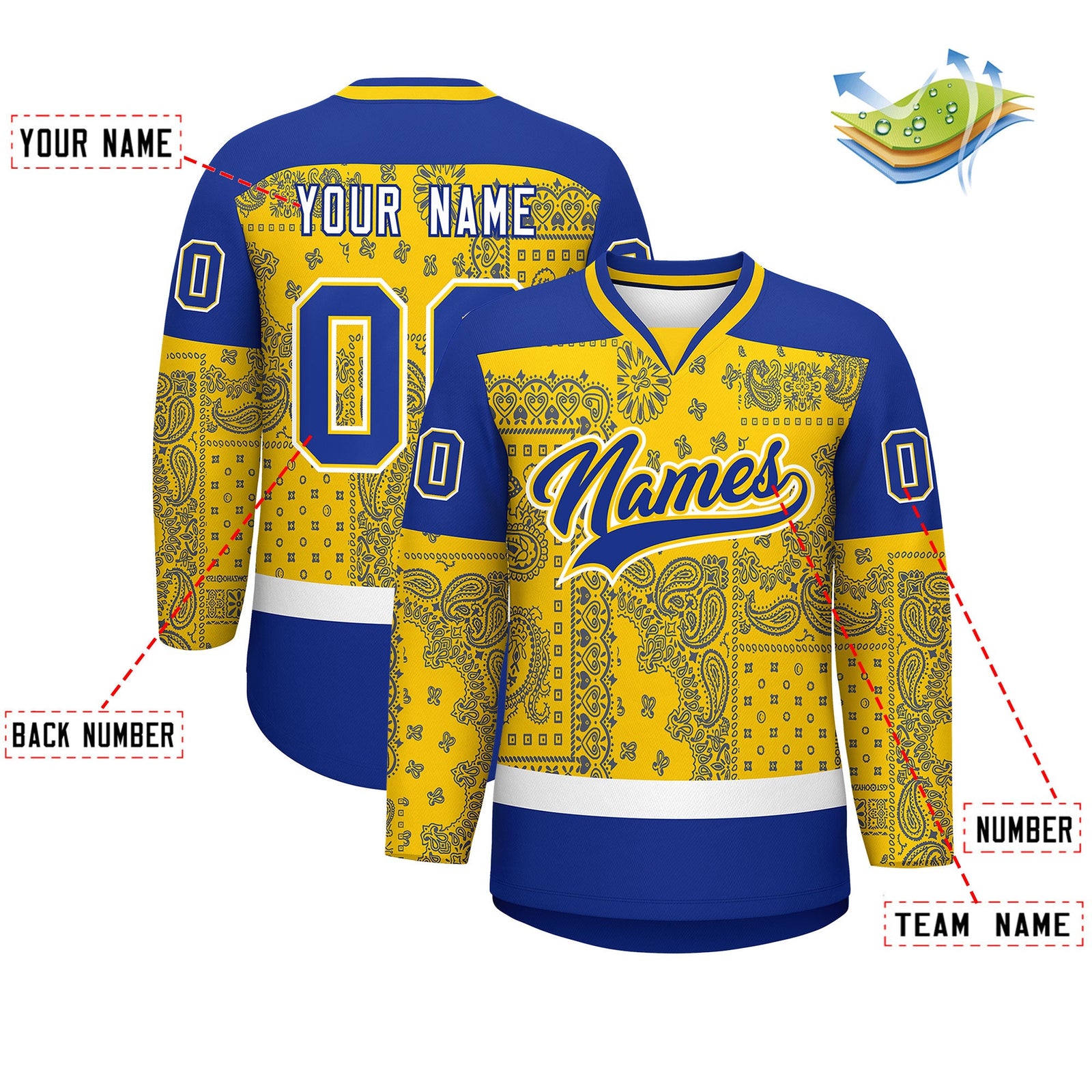 Custom Royal Gold White Cashew Flower Graffiti Pattern V-Neck Hockey Jersey| KXKSHOP
