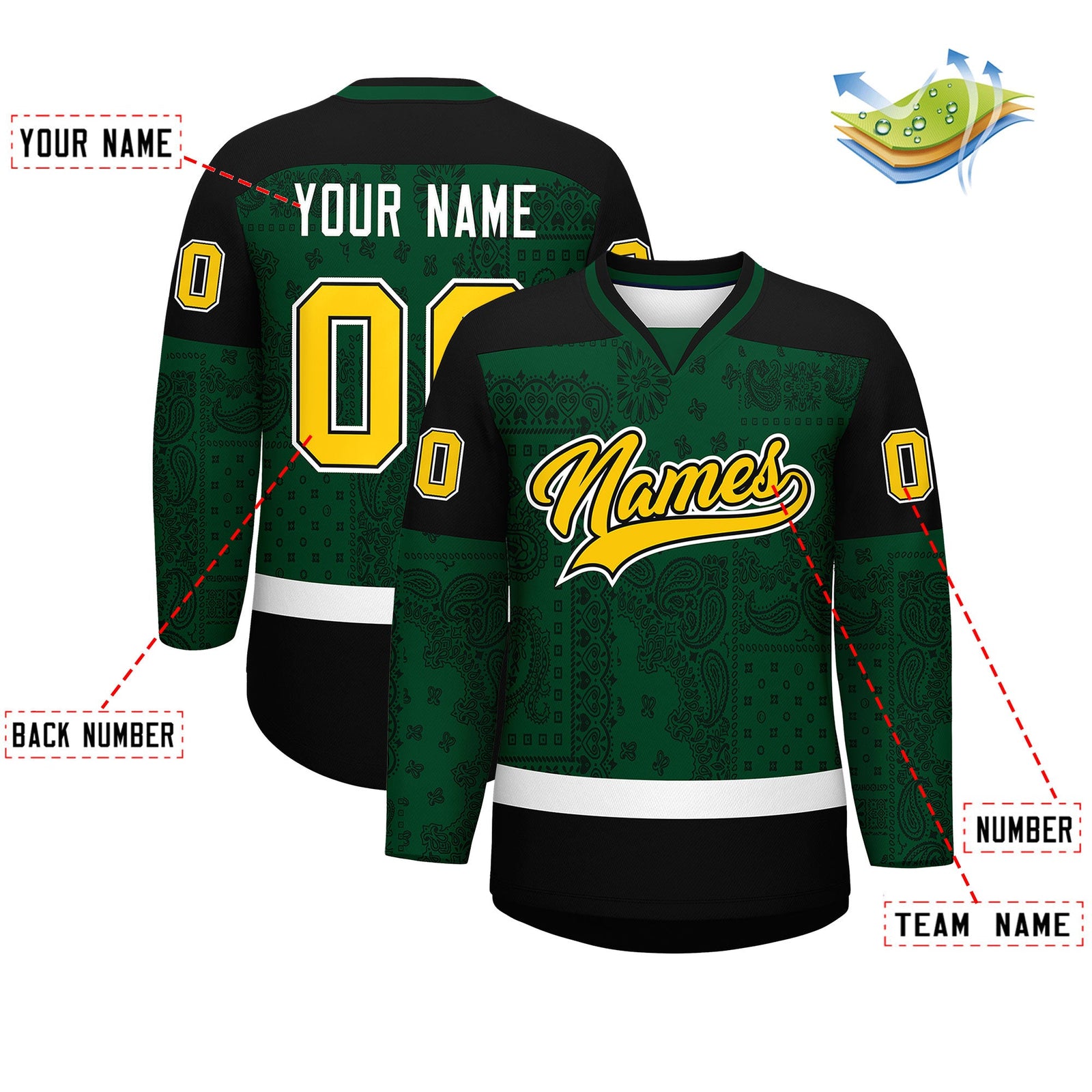 Custom Green Black White Cashew Flower Graffiti Pattern V-Neck Hockey Jersey| KXKSHOP