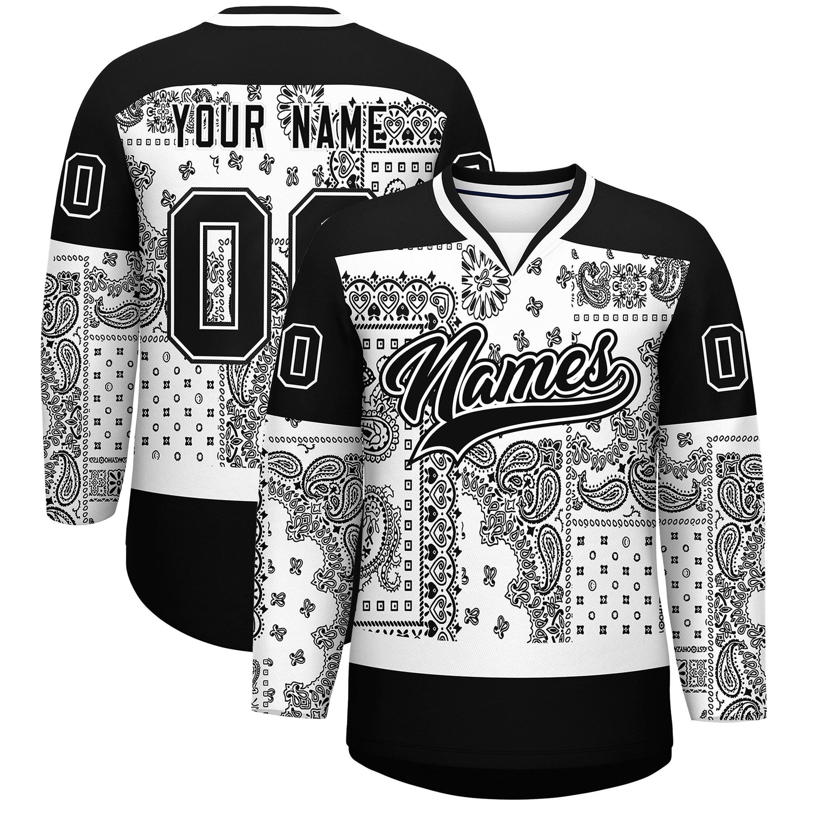 Custom Black White Cashew Flower Graffiti Pattern V-Neck Hockey Jersey| KXKSHOP