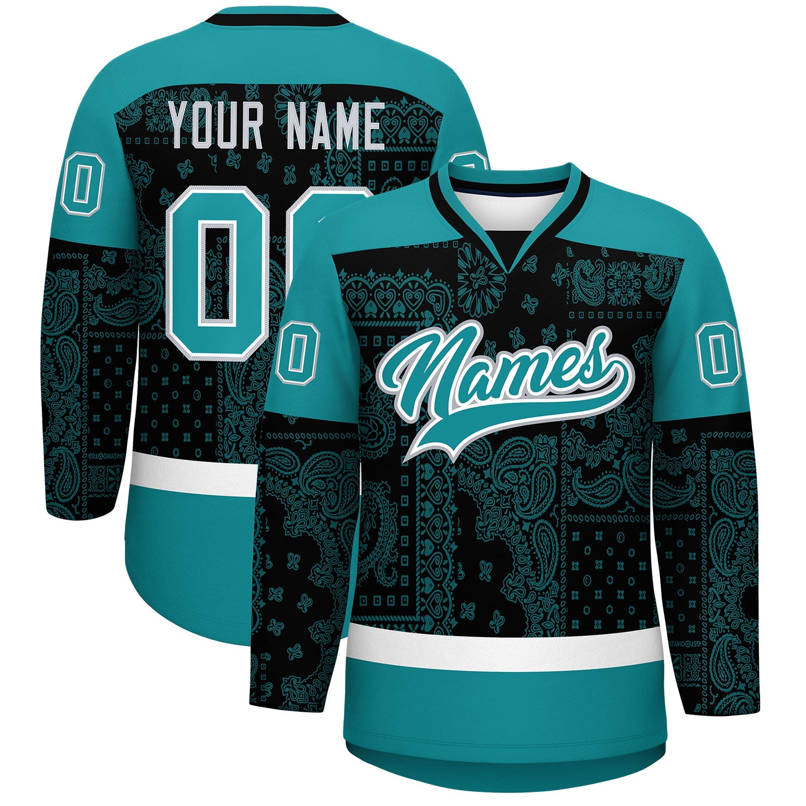 Custom Aqua Black White Cashew Flower Graffiti Pattern V-Neck Hockey Jersey| KXKSHOP
