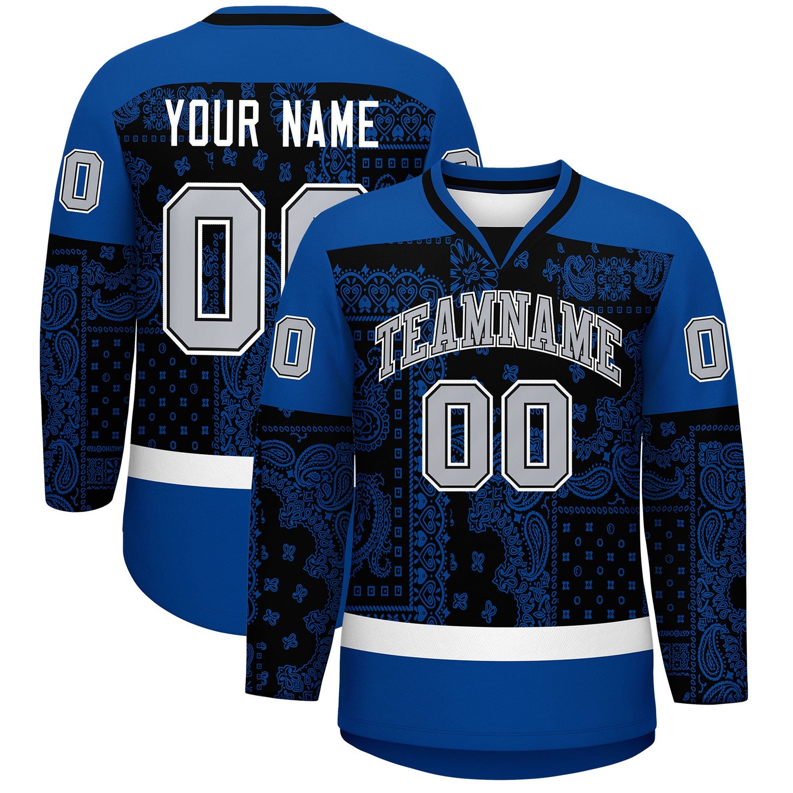 Custom Royal White Black Cashew Flower Graffiti Pattern V-Neck Hockey Jersey| KXKSHOP