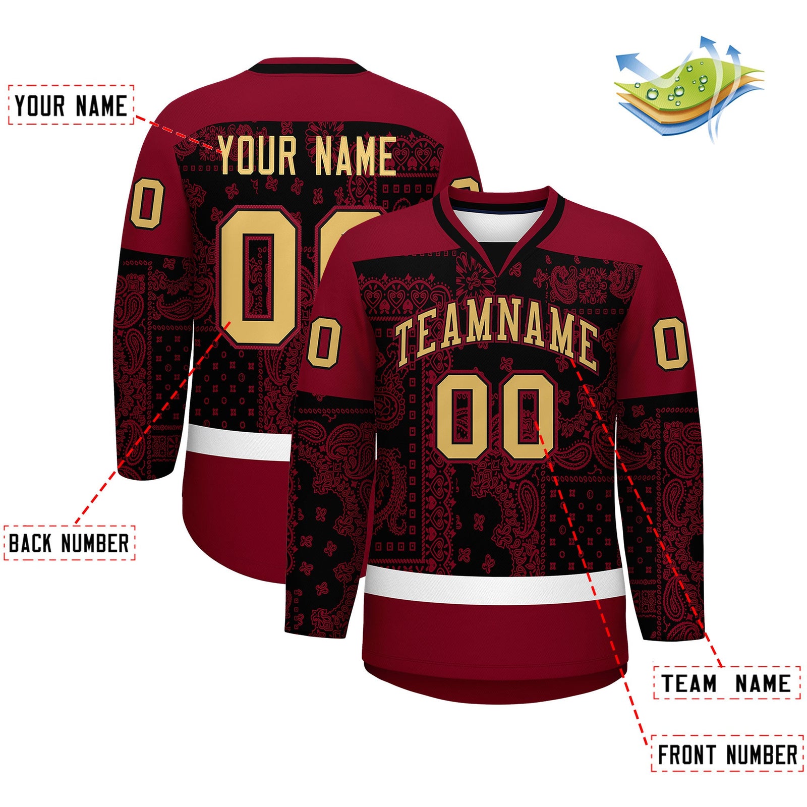 Custom Crimson Black White Cashew Flower Graffiti Pattern V-Neck Hockey Jersey| KXKSHOP