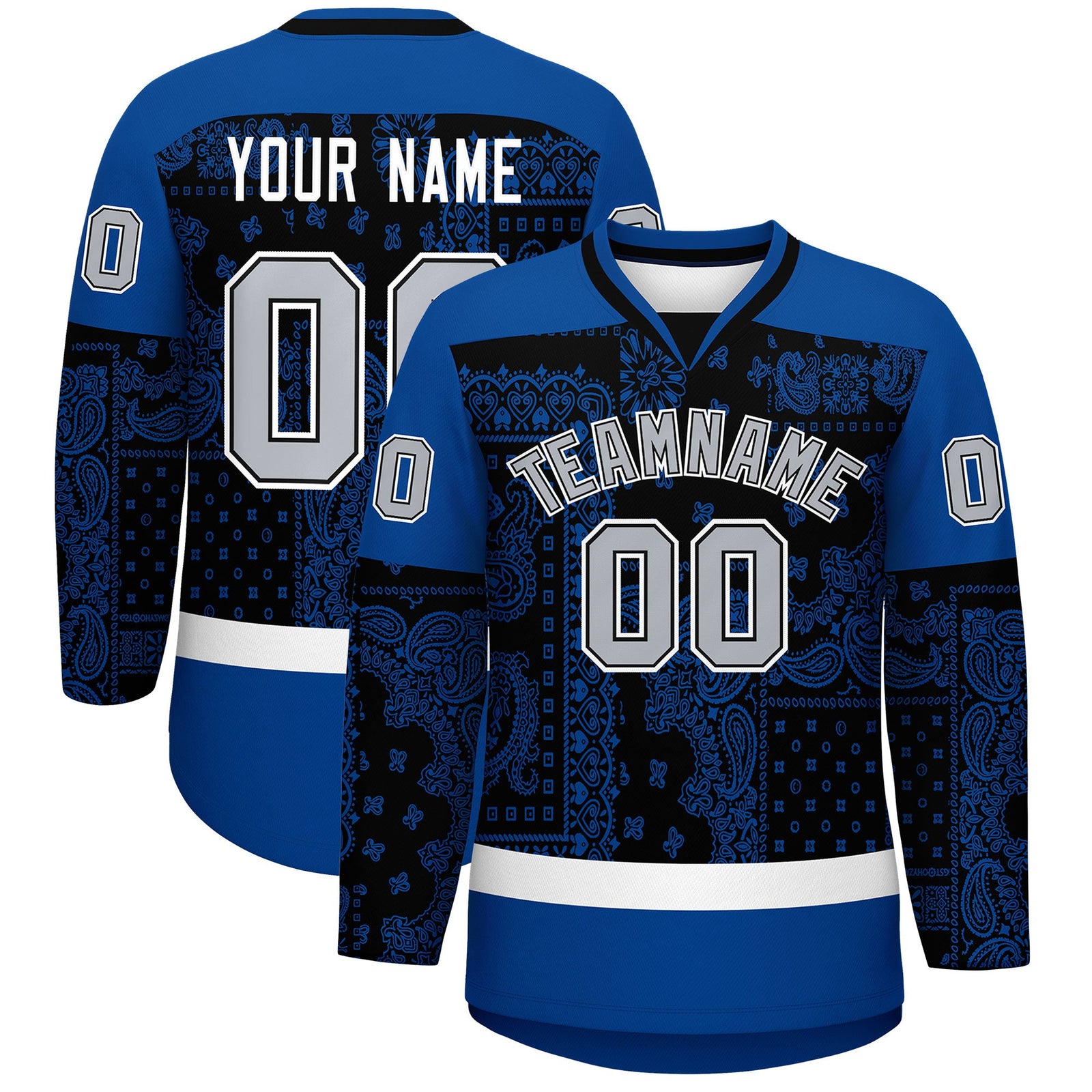 Custom Royal White Black Cashew Flower Graffiti Pattern V-Neck Hockey Jersey| KXKSHOP