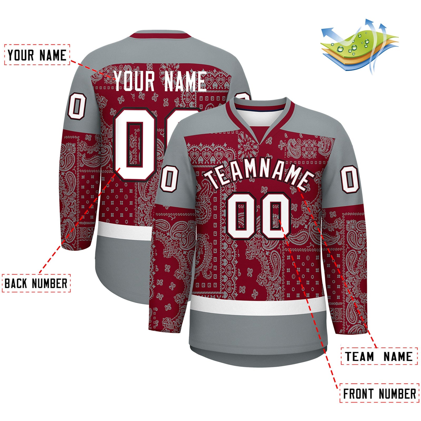 Custom Silver Gray Crimson White Cashew Flower Graffiti Pattern V-Neck Hockey Jersey| KXKSHOP