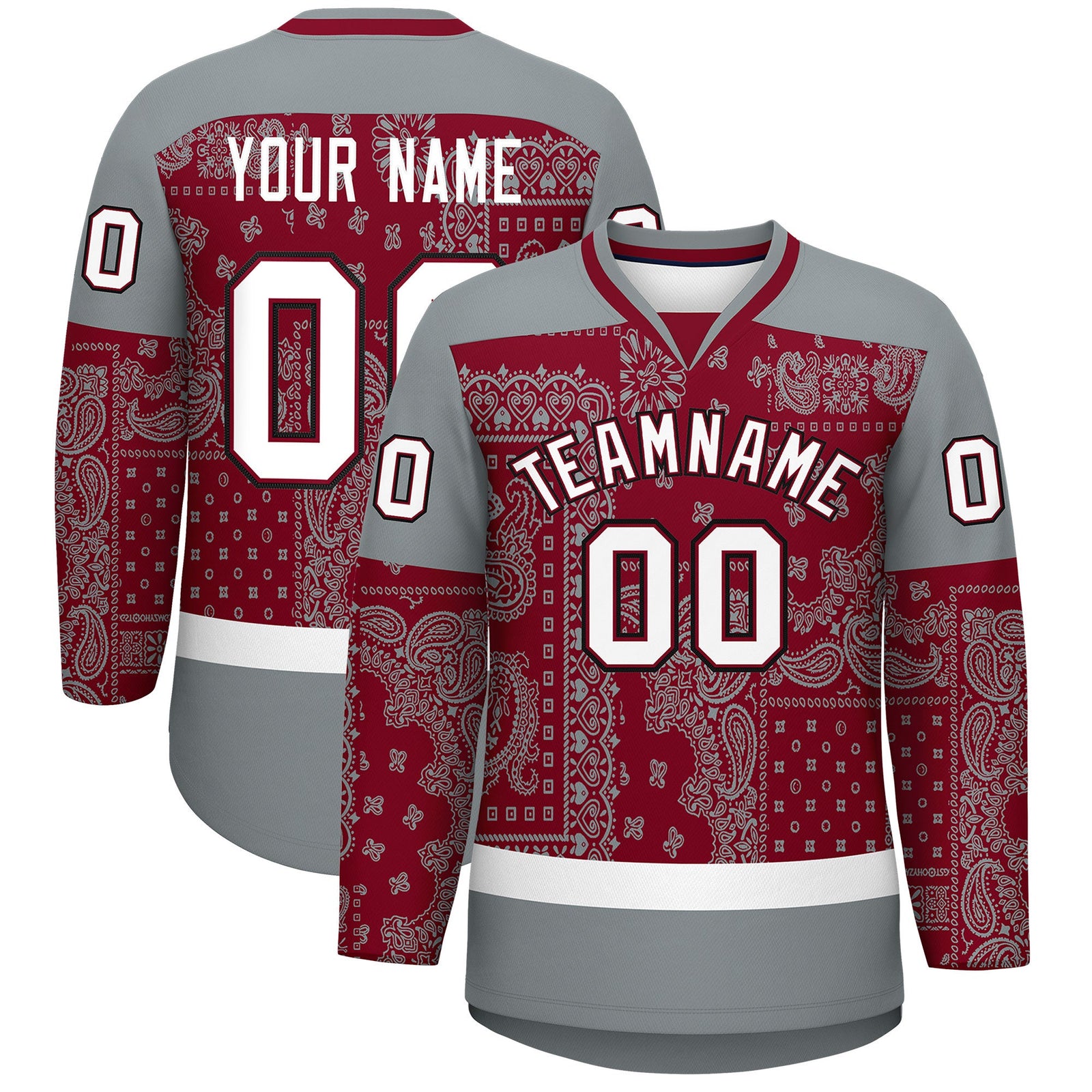Custom Silver Gray Crimson White Cashew Flower Graffiti Pattern V-Neck Hockey Jersey| KXKSHOP