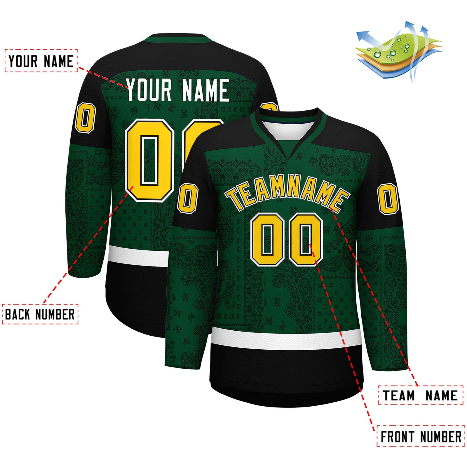 Custom Green Black White Cashew Flower Graffiti Pattern V-Neck Hockey Jersey| KXKSHOP