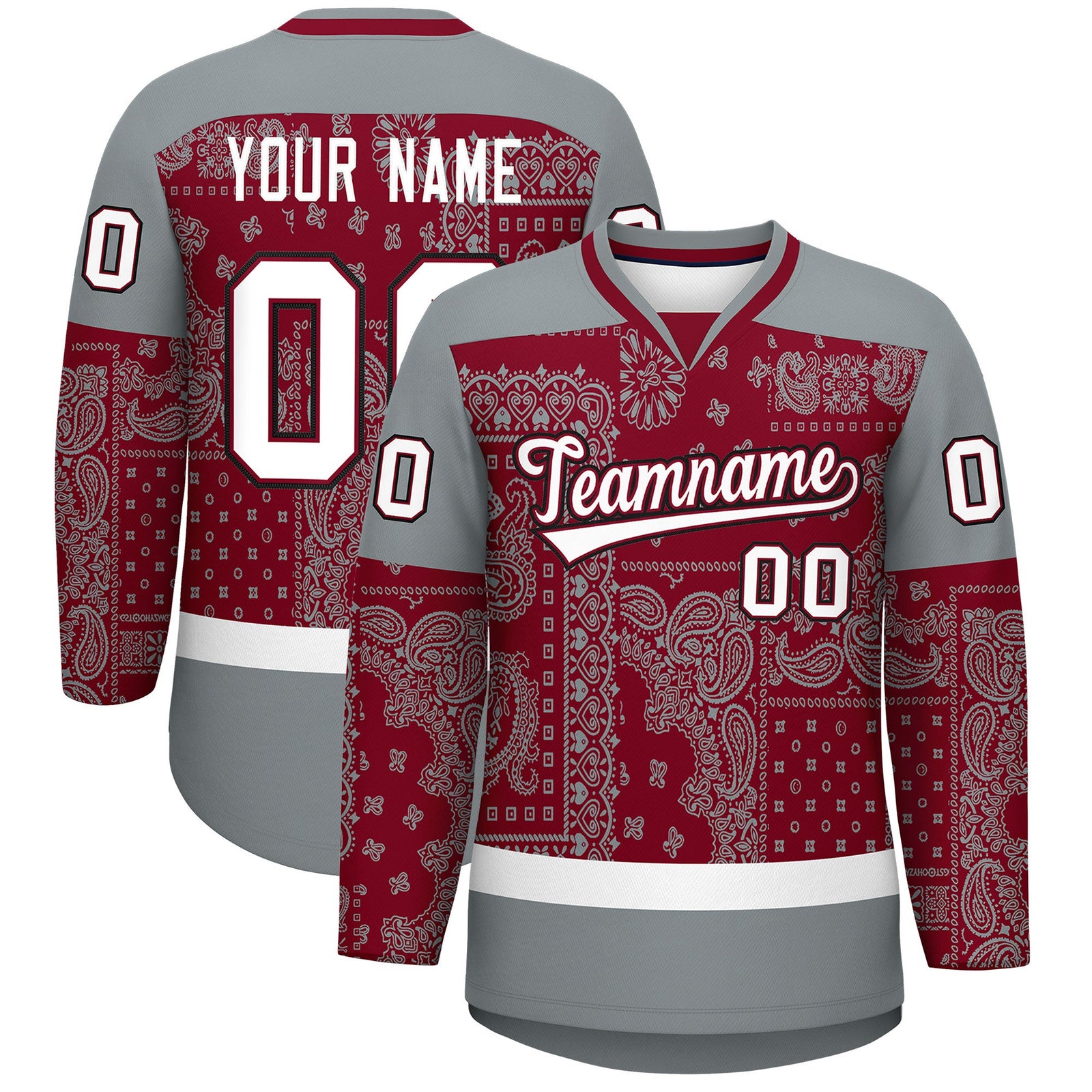 Custom Silver Gray Crimson White Cashew Flower Graffiti Pattern V-Neck Hockey Jersey| KXKSHOP