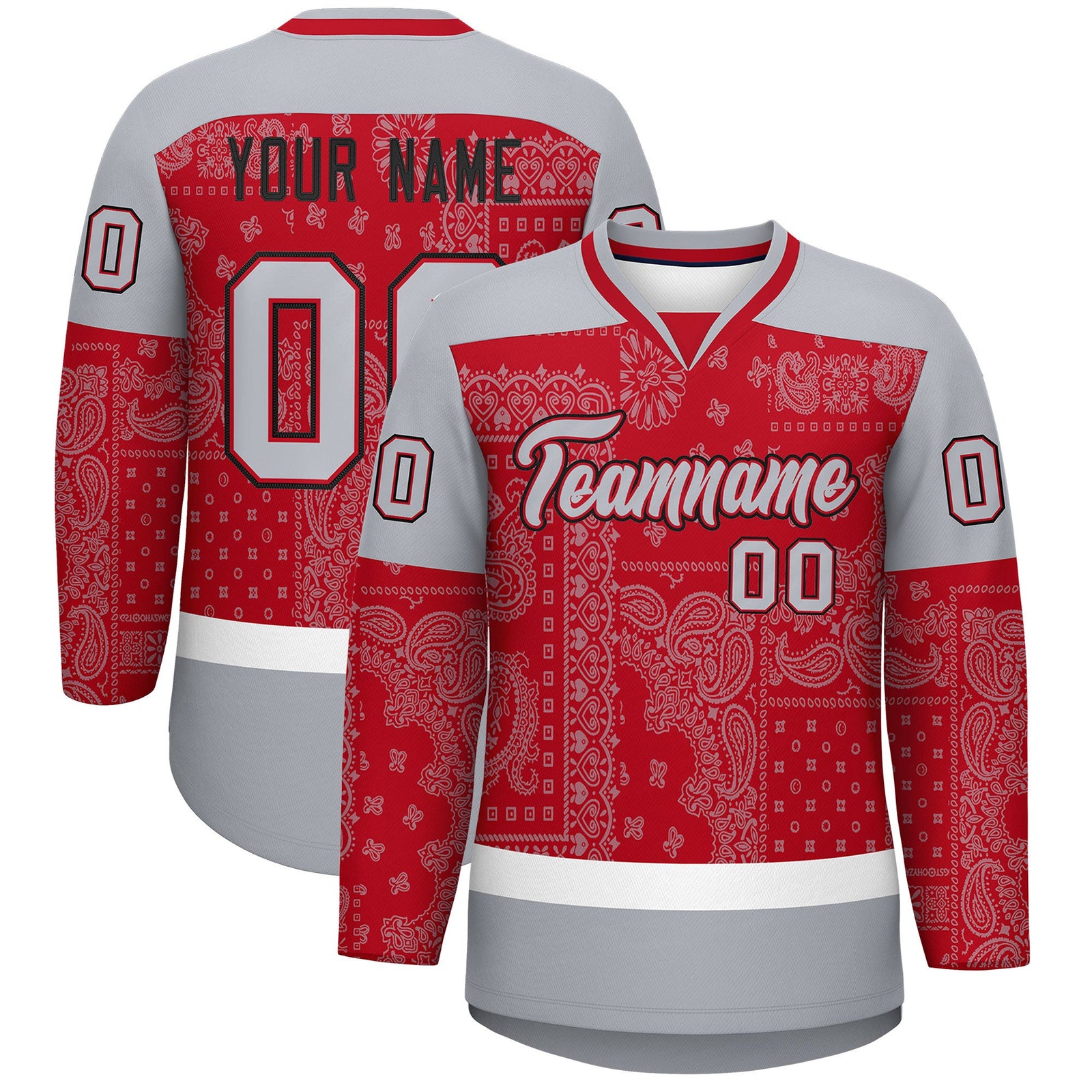 Custom Gray Red White Cashew Flower Graffiti Pattern V-Neck Hockey Jersey| KXKSHOP