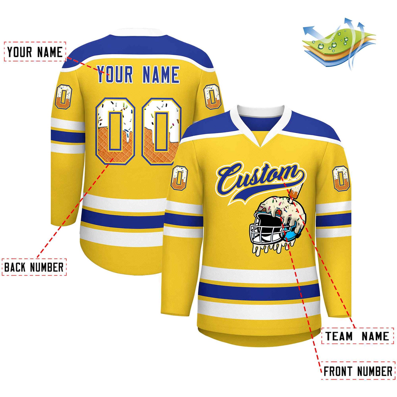 Custom Gold Royal Blue Ice Cream Helmet Pattern Personalized V-Neck Hockey Jersey