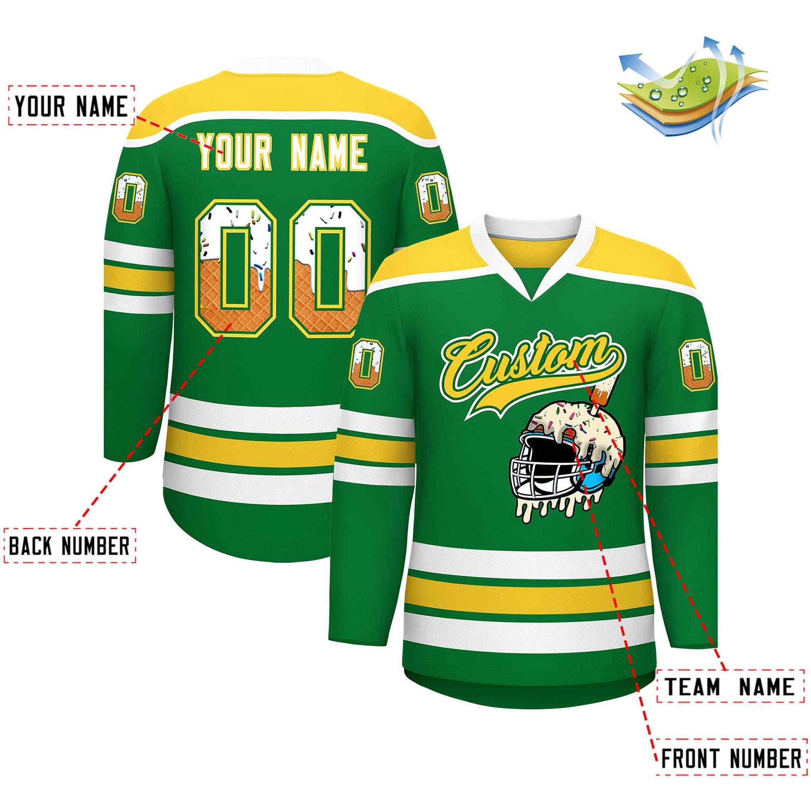 Custom Kelly Green Gold Ice Cream Helmet Pattern Personalized V-Neck Hockey Jersey