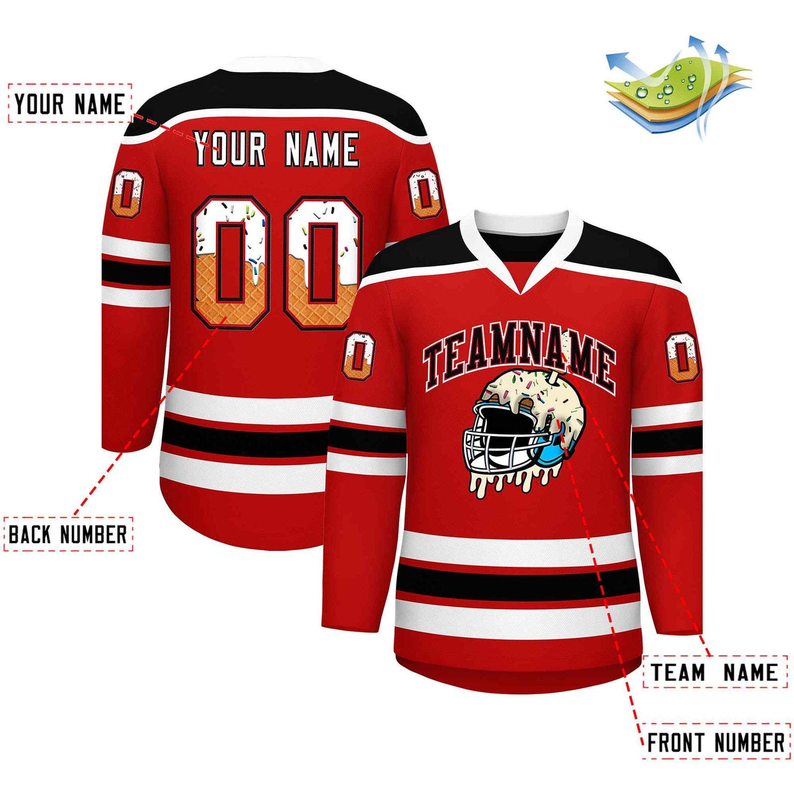 Custom Red White Ice Cream Helmet Pattern Personalized V-Neck Hockey Jersey