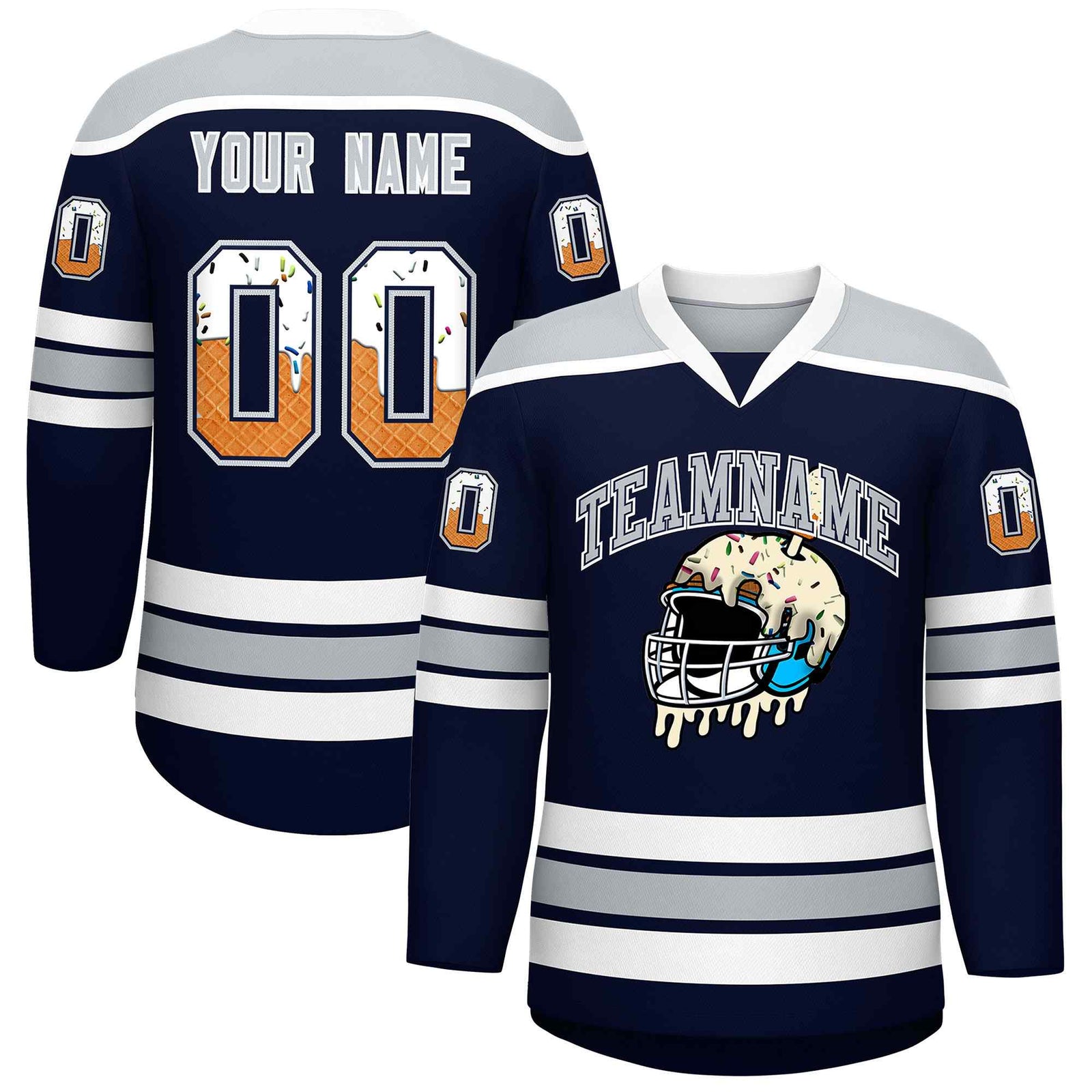 Custom Navy Silver Ice Cream Helmet Pattern Personalized V-Neck Hockey Jersey