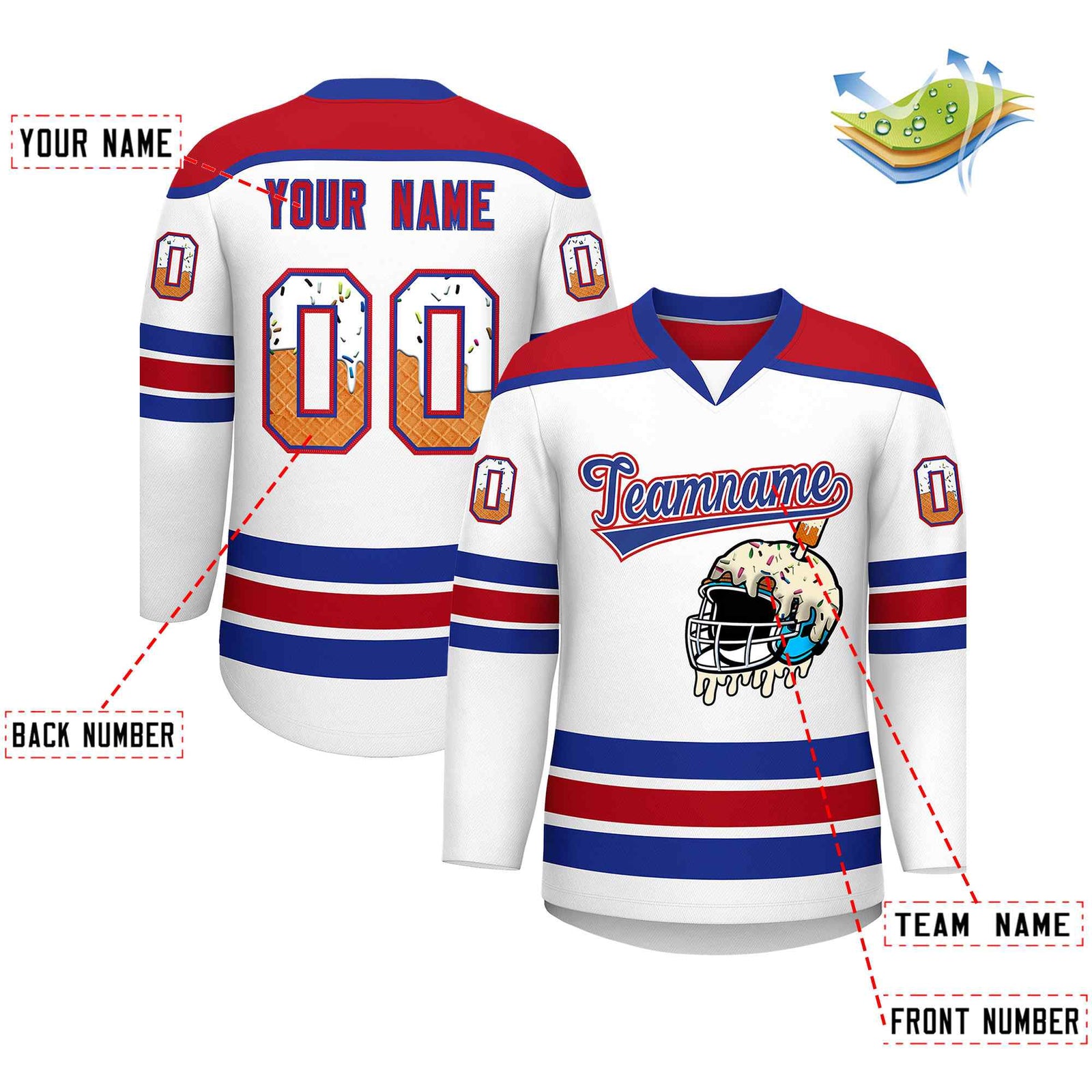 Custom White Royal Blue Ice Cream Helmet Pattern Personalized V-Neck Hockey Jersey| KXKSHOP