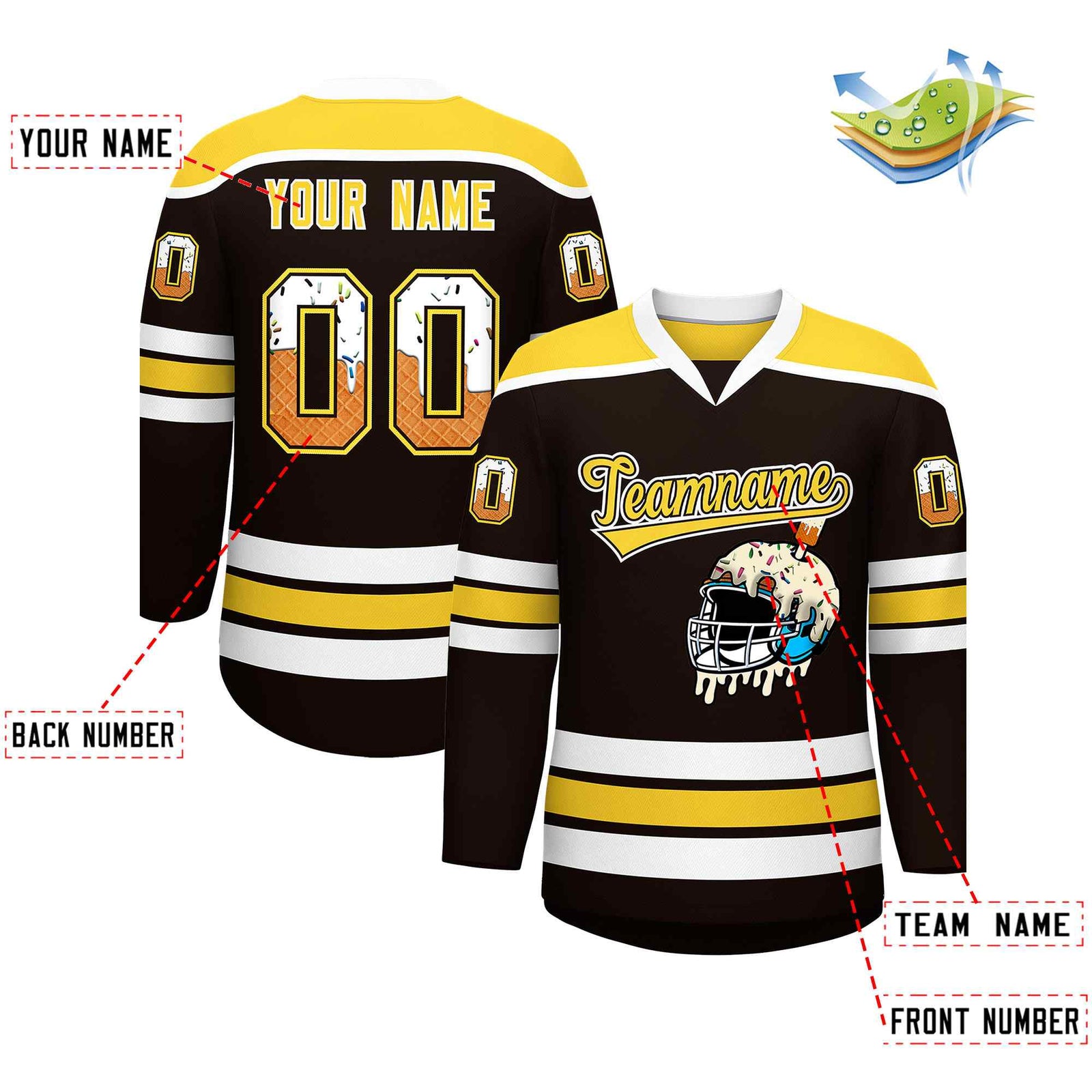Custom Brown Gold Ice Cream Helmet Pattern Personalized V-Neck Hockey Jersey| KXKSHOP