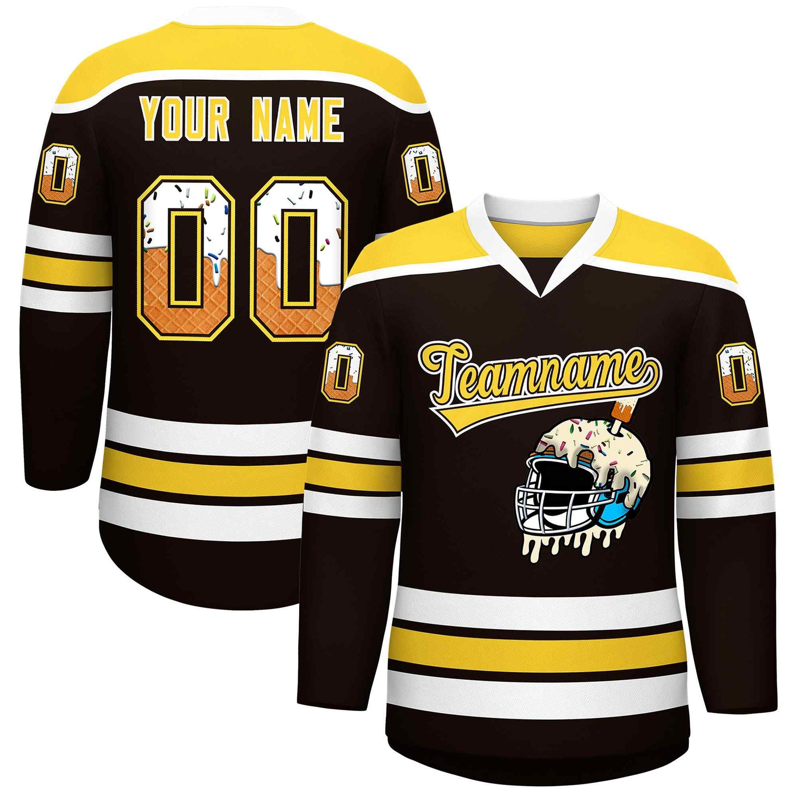 Custom Brown Gold Ice Cream Helmet Pattern Personalized V-Neck Hockey Jersey| KXKSHOP