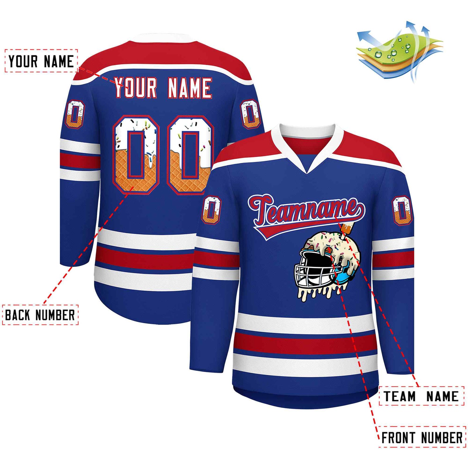 Custom Royal Blue Red Ice Cream Helmet Pattern Personalized V-Neck Hockey Jersey| KXKSHOP
