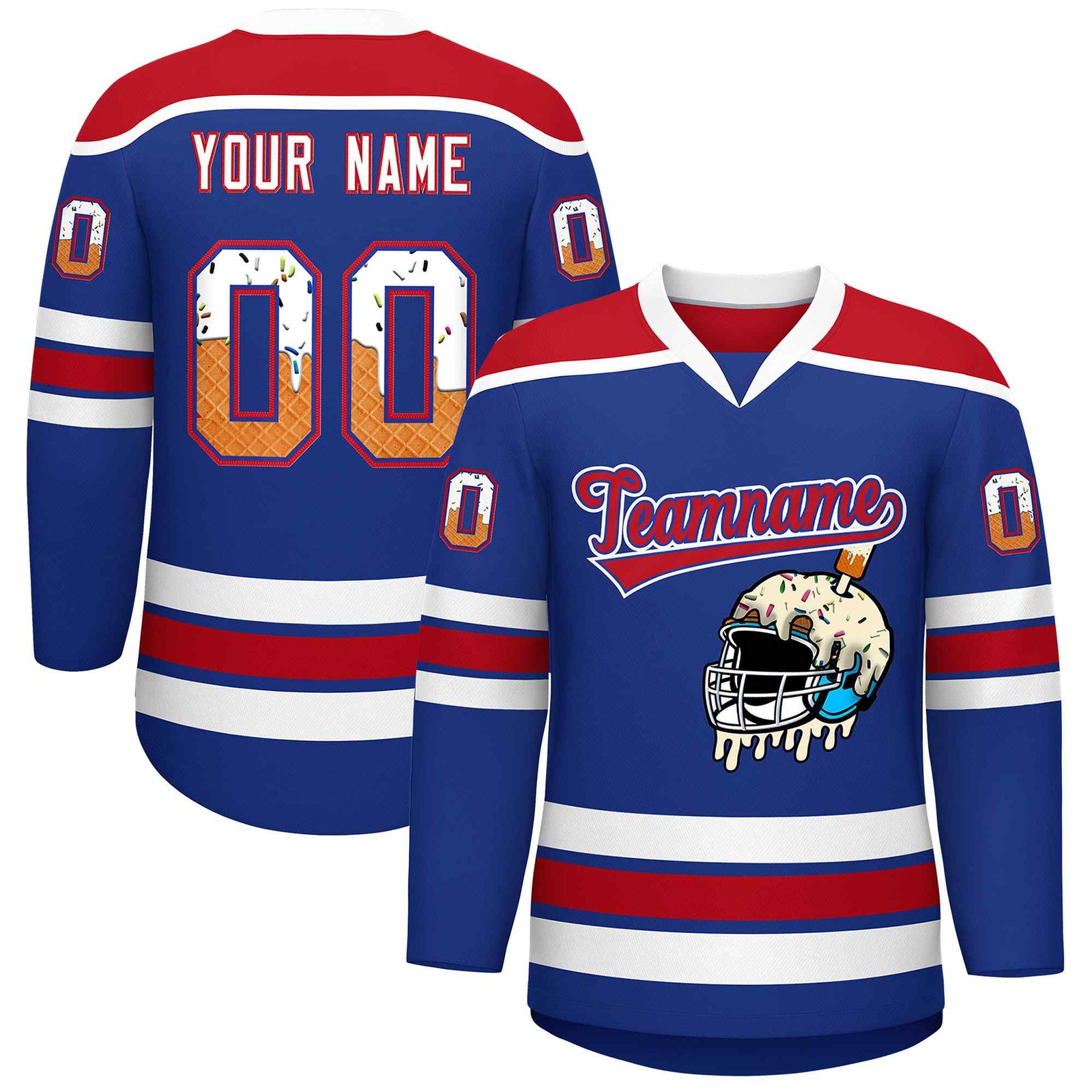 Custom Royal Blue Red Ice Cream Helmet Pattern Personalized V-Neck Hockey Jersey| KXKSHOP