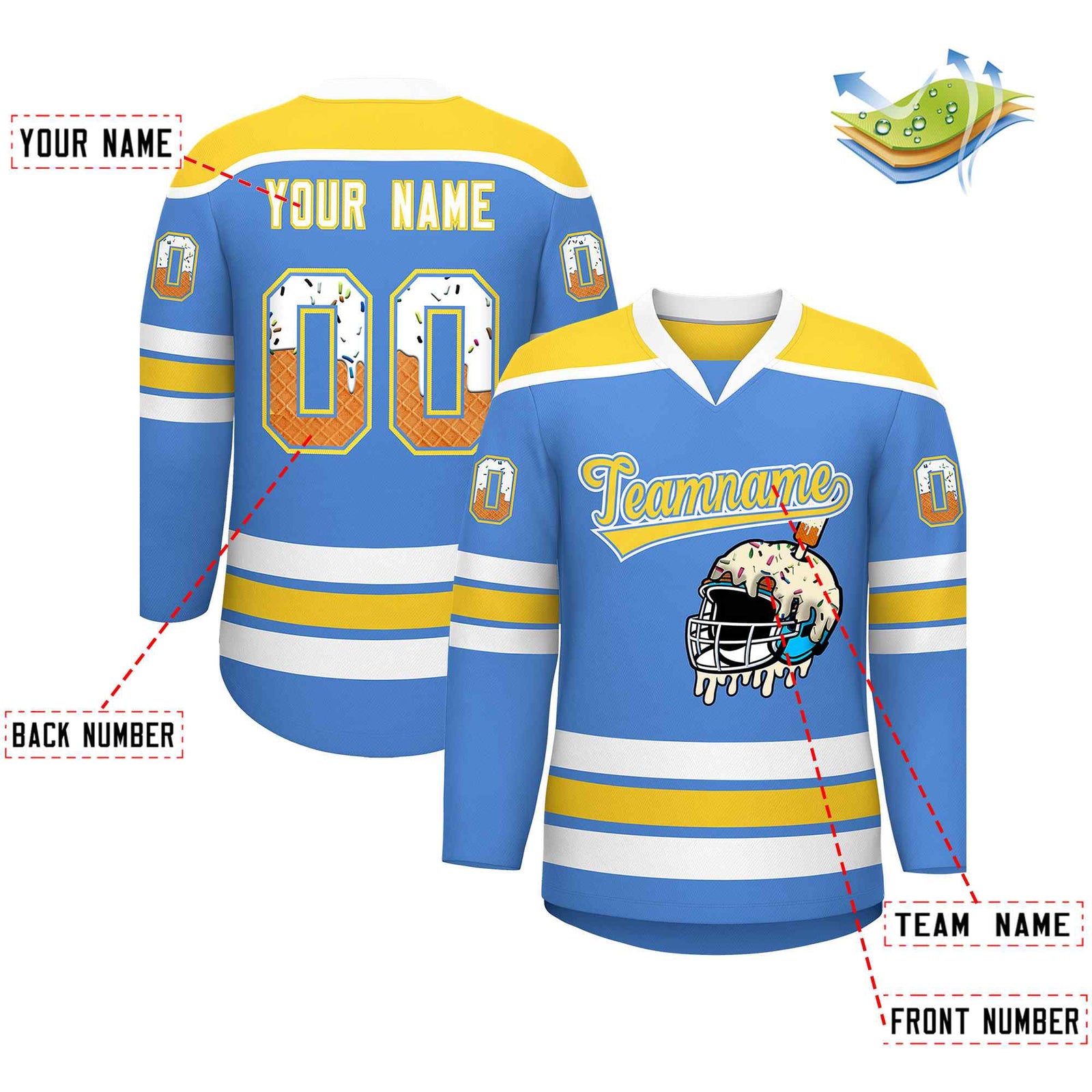 Custom Powder Blue Gold Ice Cream Helmet Pattern Personalized V-Neck Hockey Jersey| KXKSHOP