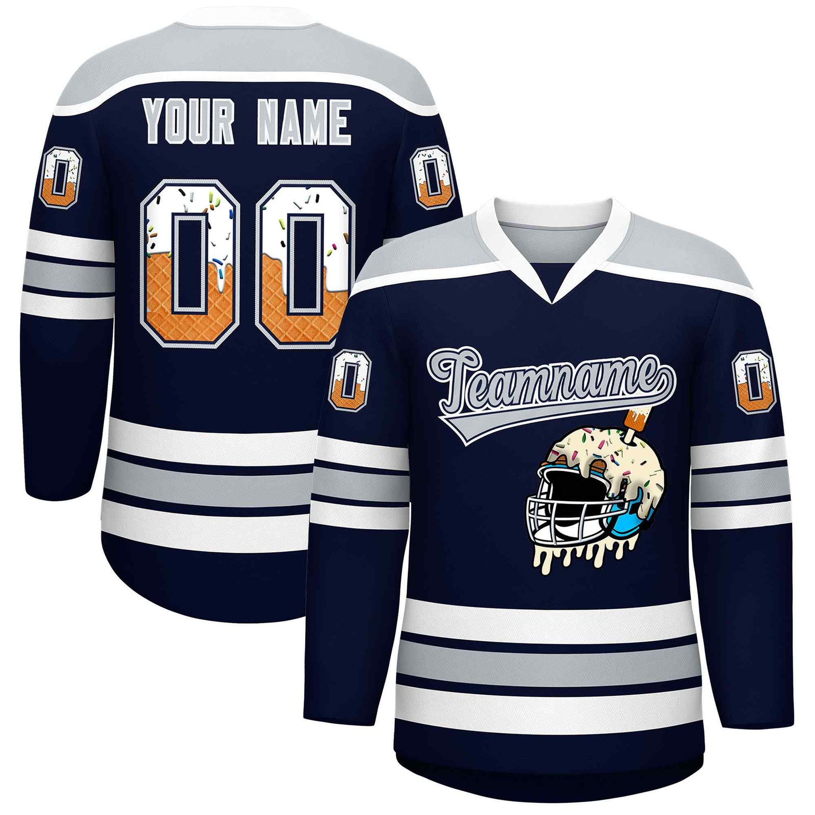 Custom Navy Silver Ice Cream Helmet Pattern Personalized V-Neck Hockey Jersey| KXKSHOP