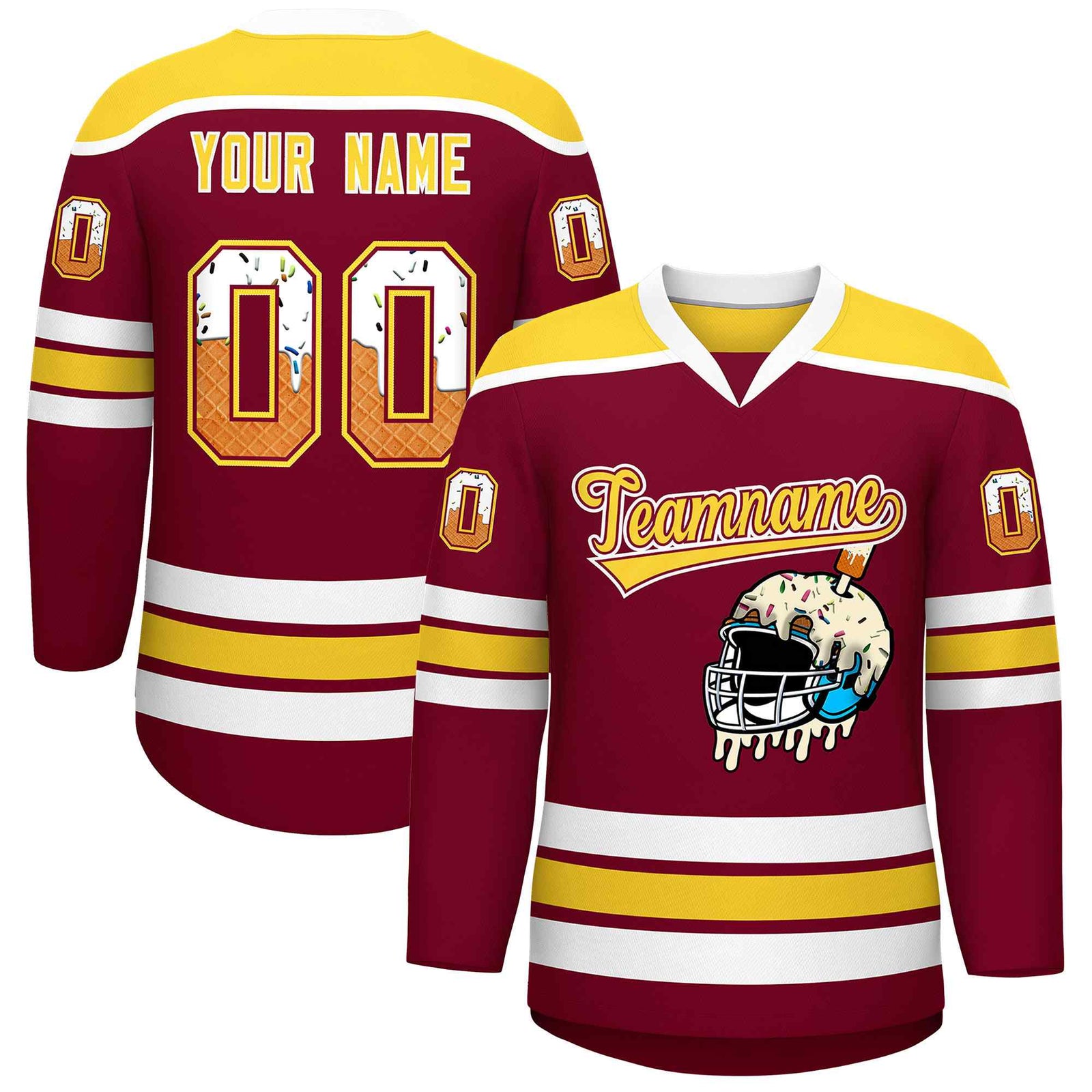 Custom Crimson Gold Ice Cream Helmet Pattern Personalized V-Neck Hockey Jersey| KXKSHOP