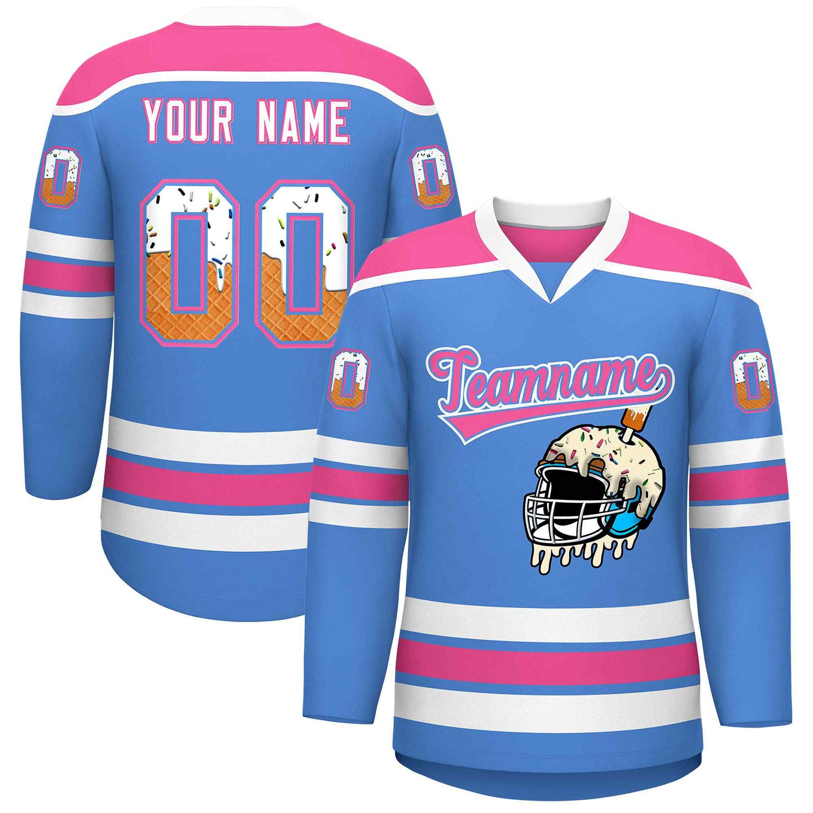 Custom Powder Blue Pink Ice Cream Helmet Pattern Personalized V-Neck Hockey Jersey| KXKSHOP