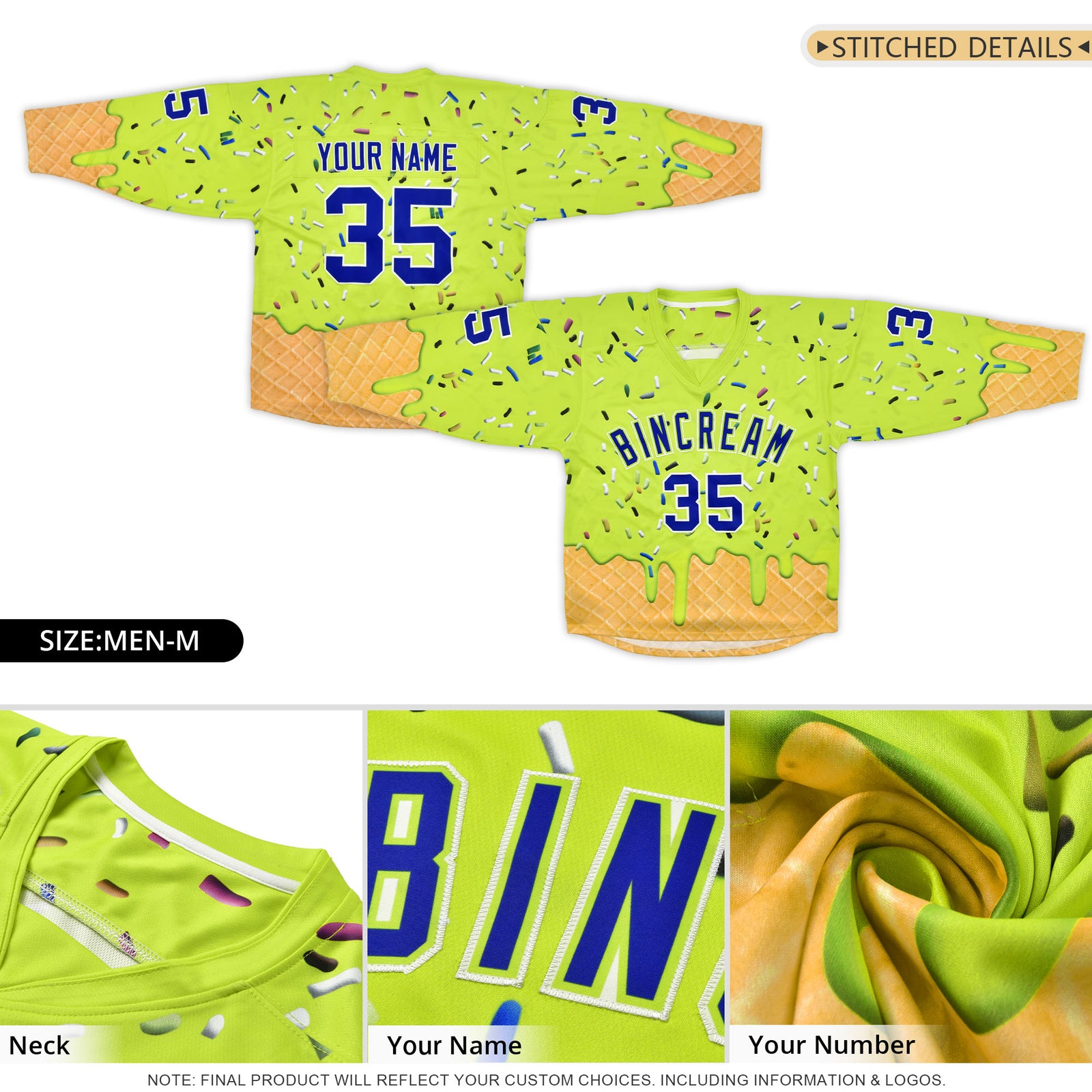 Custom Fluorescent Green Royal Blue Ice Cream Pattern Personalized V-Neck Hockey Jersey