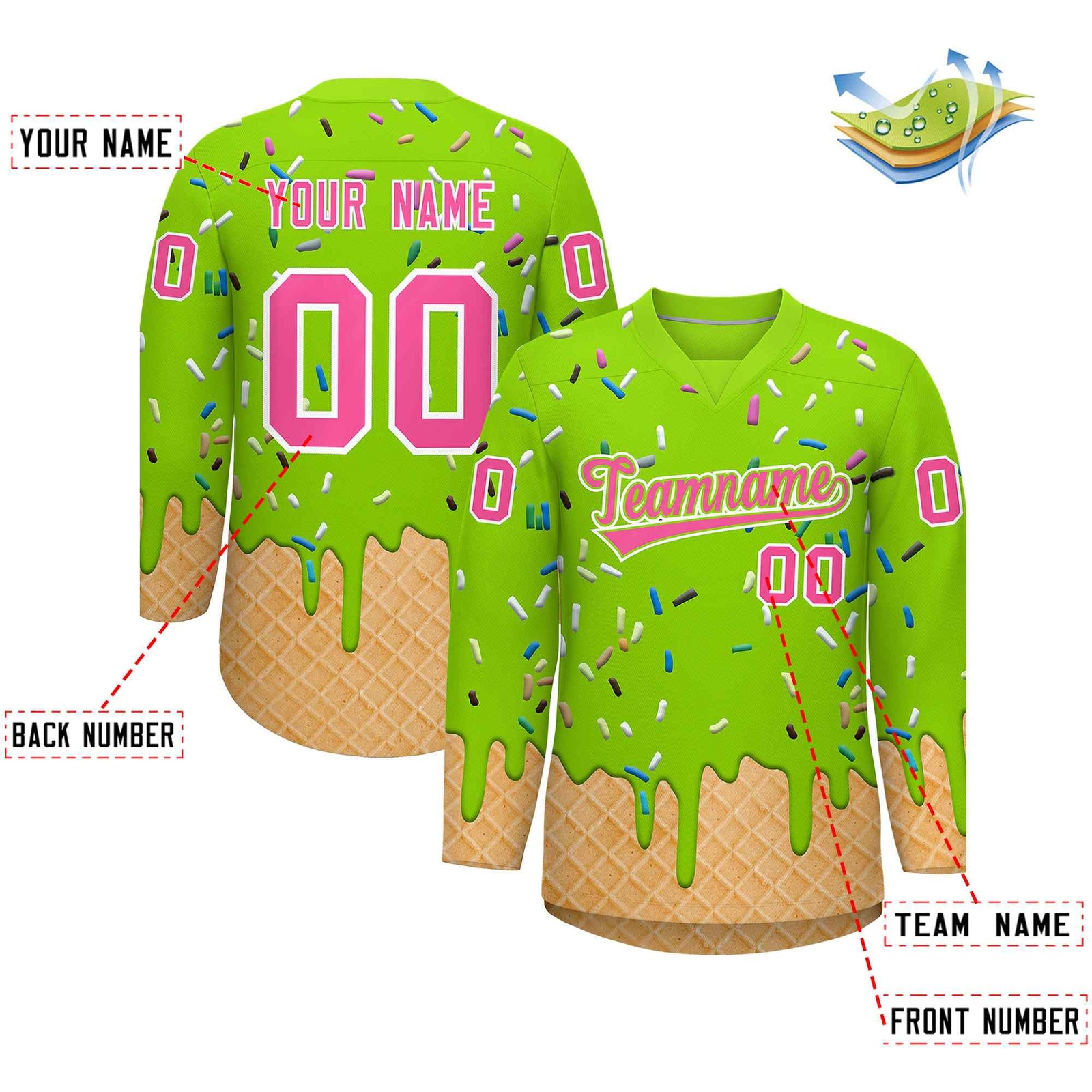 Custom Neon Green Pink Ice Cream Pattern Personalized V-Neck Hockey Jersey| KXKSHOP