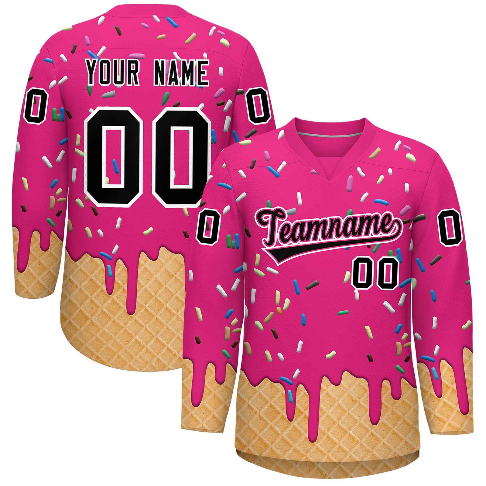 Custom Rose Red Black Ice Cream Pattern Personalized V-Neck Hockey Jersey| KXKSHOP