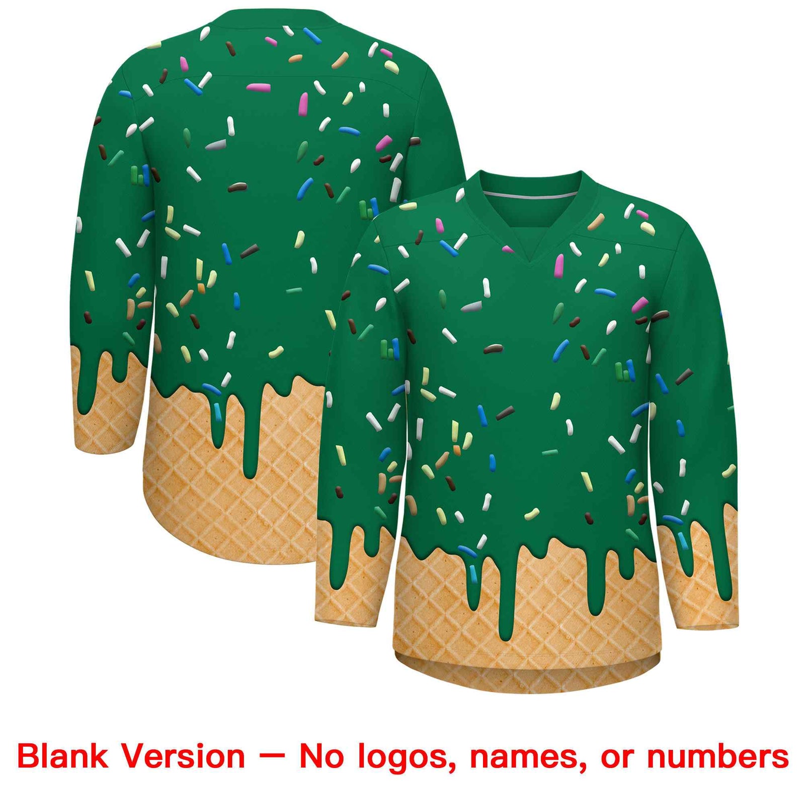 Custom Kelly Green Gold Ice Cream Pattern Personalized V-Neck Hockey Jersey