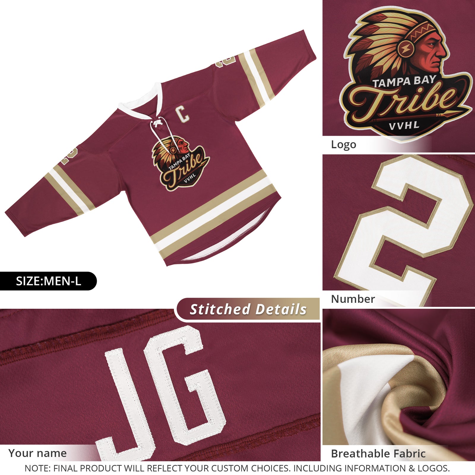 VVHL Custom TEMPA BAY TRIBE Garnet Hockey Jersey