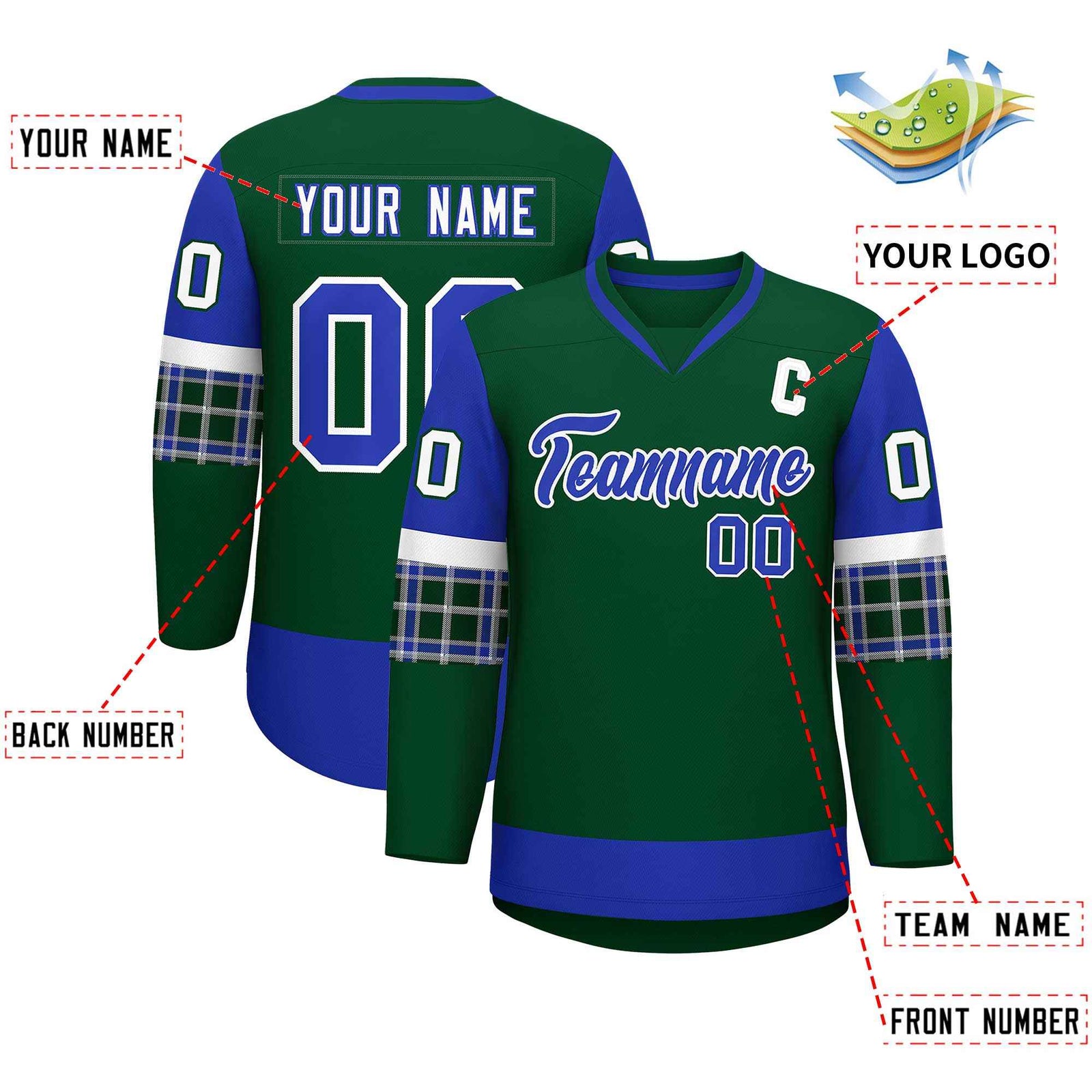 Custom Green Royal-Royal Personalized Raglan Sleeves V-Neck Hockey Jersey
