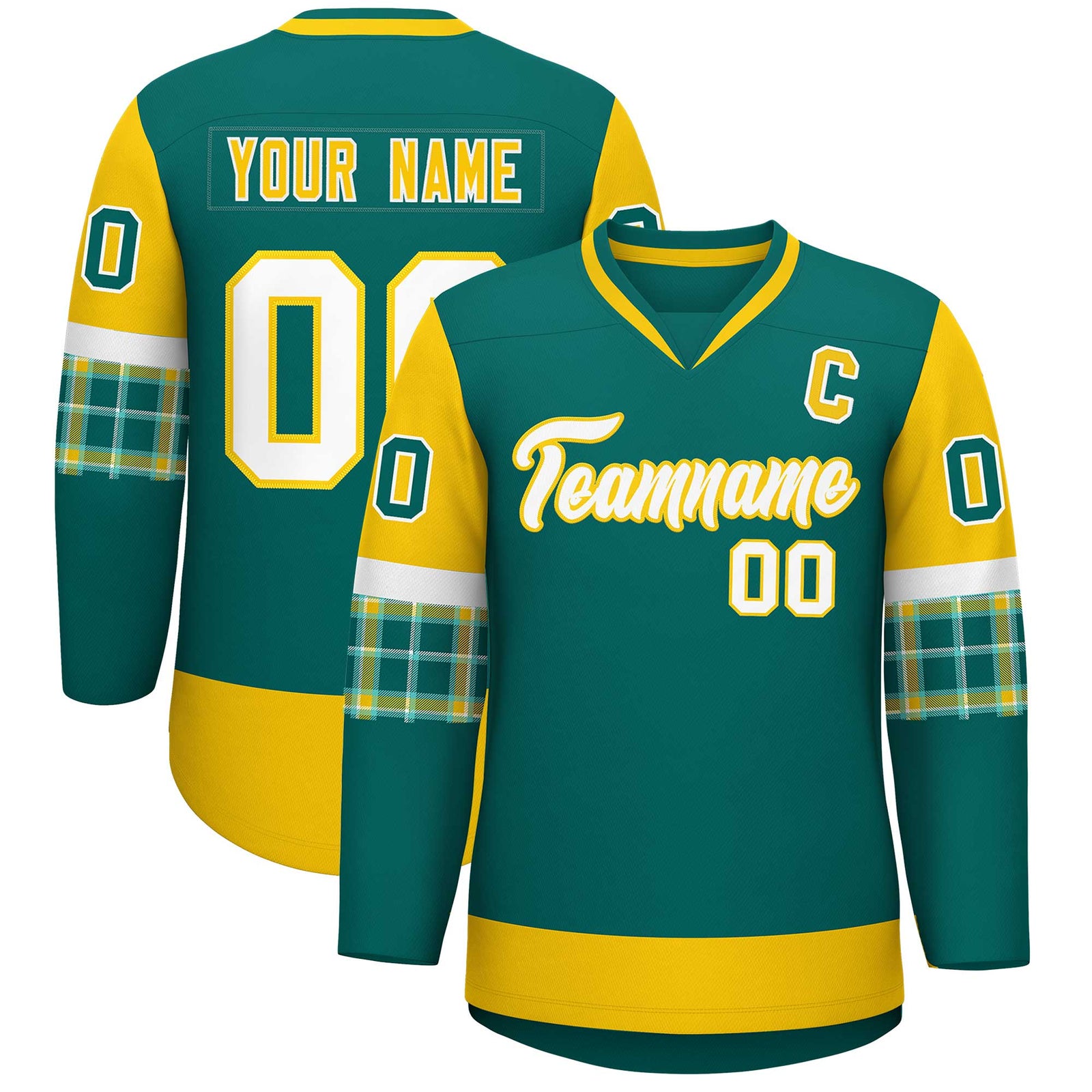 Custom Aqua Gold-White Personalized Raglan Sleeves V-Neck Hockey Jersey