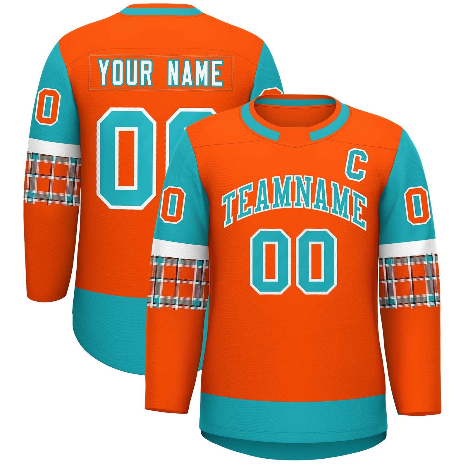 Custom Orange Aqua Personalized Raglan Sleeves Round-Neck Hockey Jersey